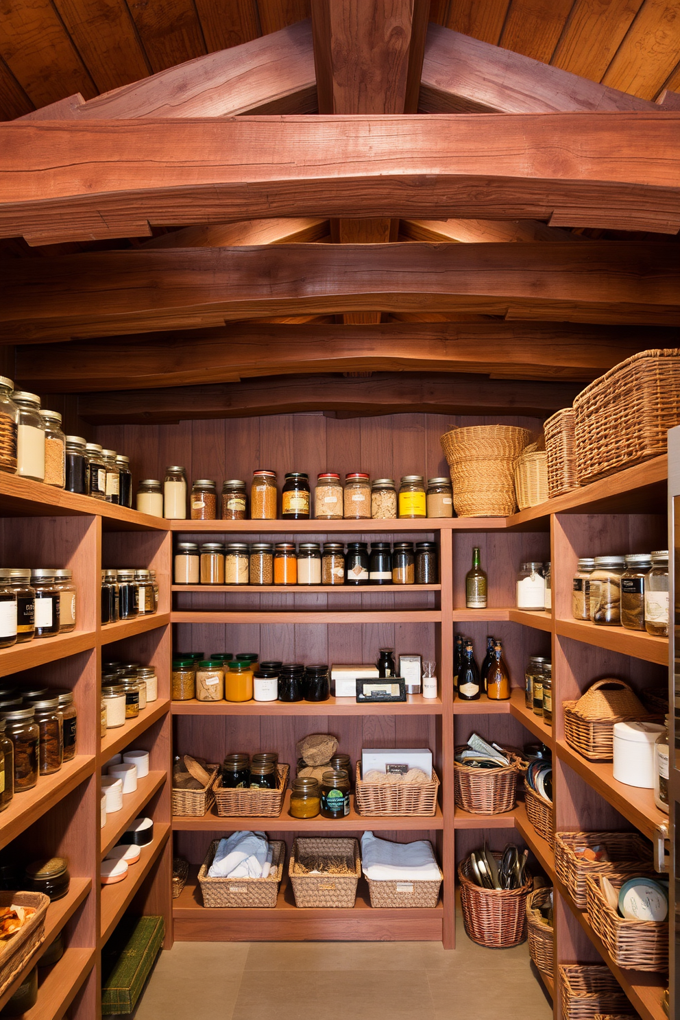 A rustic pantry featuring exposed wood beams that create a warm and inviting atmosphere. The shelves are filled with neatly organized jars and baskets, showcasing a variety of ingredients and kitchen essentials.