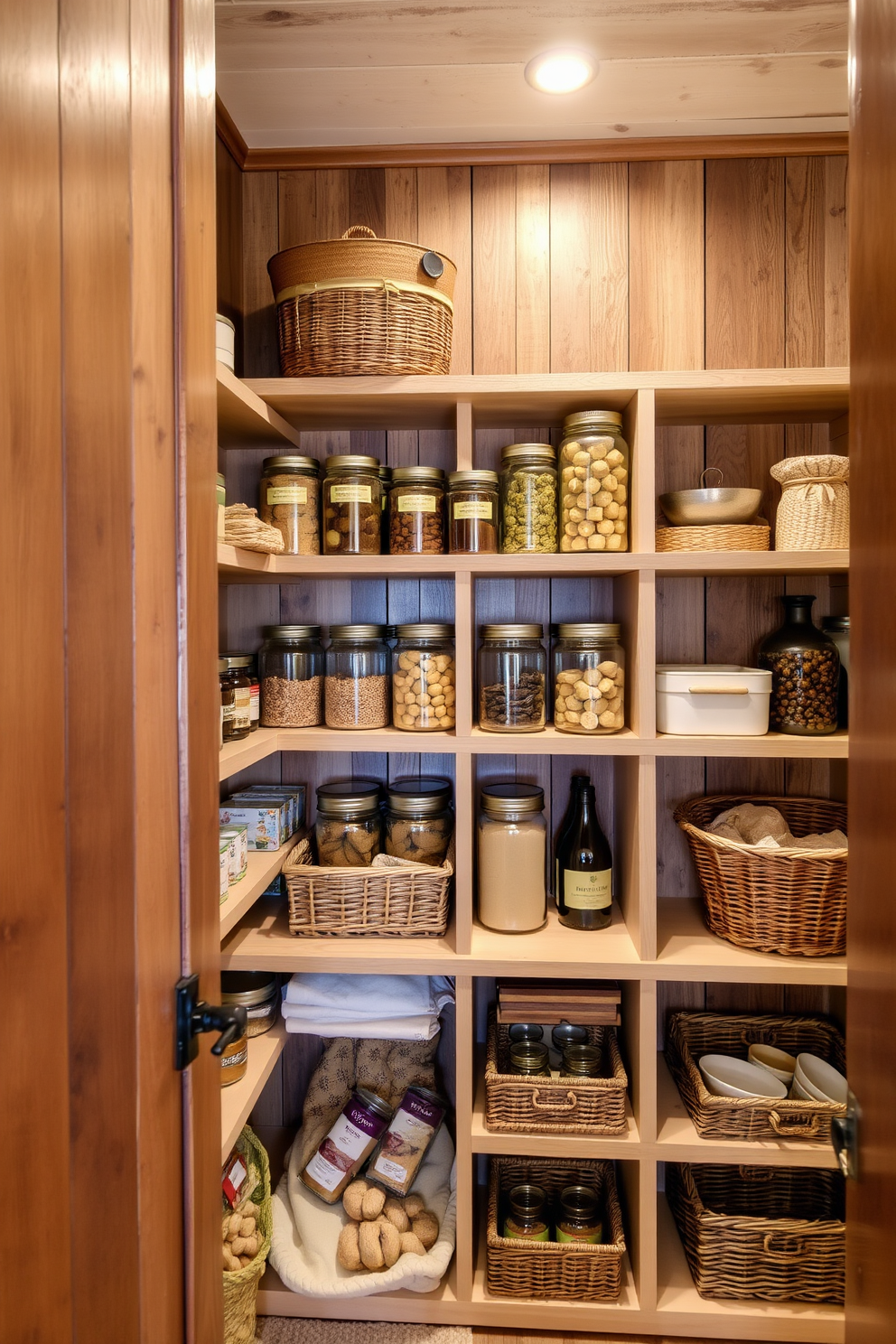 A rustic pantry featuring wooden crates arranged for easy access storage. The walls are adorned with reclaimed wood, and natural light floods in from a nearby window, illuminating the warm tones of the crates.