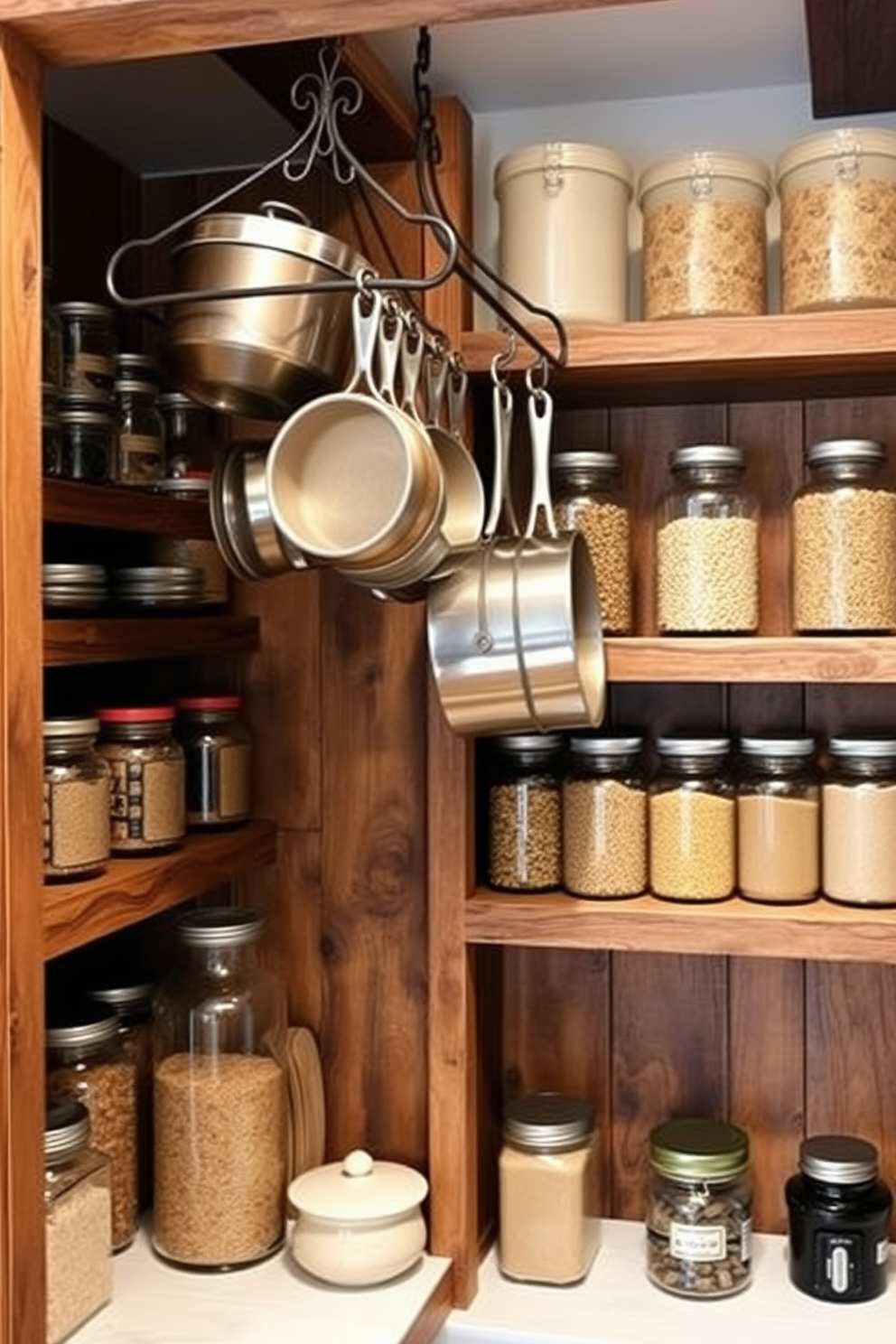 A rustic pantry featuring a hanging pot rack made of wrought iron to maximize space efficiency. Shelves made of reclaimed wood are lined with glass jars filled with grains and spices, adding both functionality and charm.