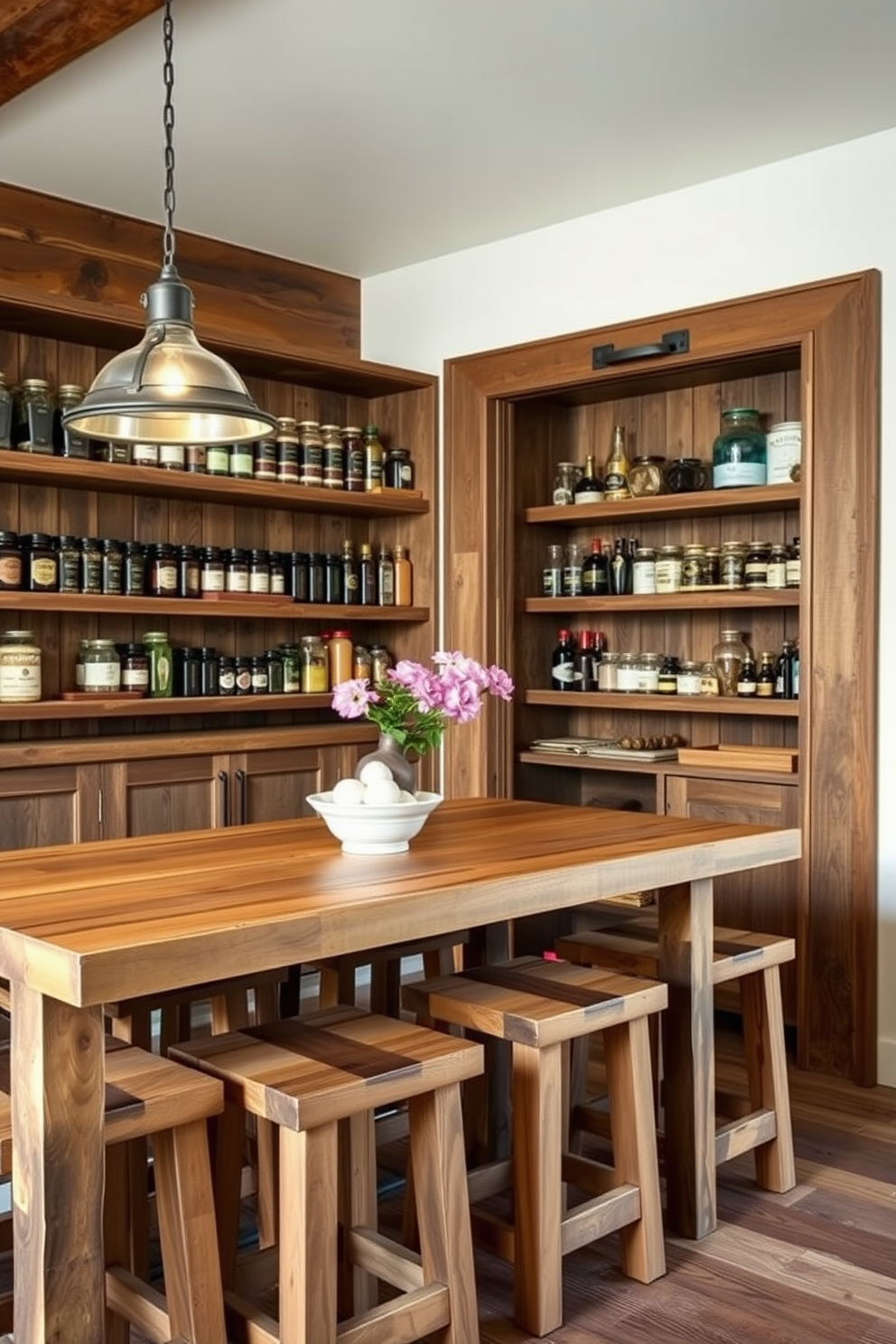 Rustic stools made of reclaimed wood are arranged around a farmhouse-style dining table. The stools feature a natural finish that complements the warm tones of the surrounding decor. A rustic pantry design showcases open shelving made from distressed wood, displaying an array of jars and spices. The space is illuminated by vintage-style pendant lights, enhancing the cozy, inviting atmosphere.