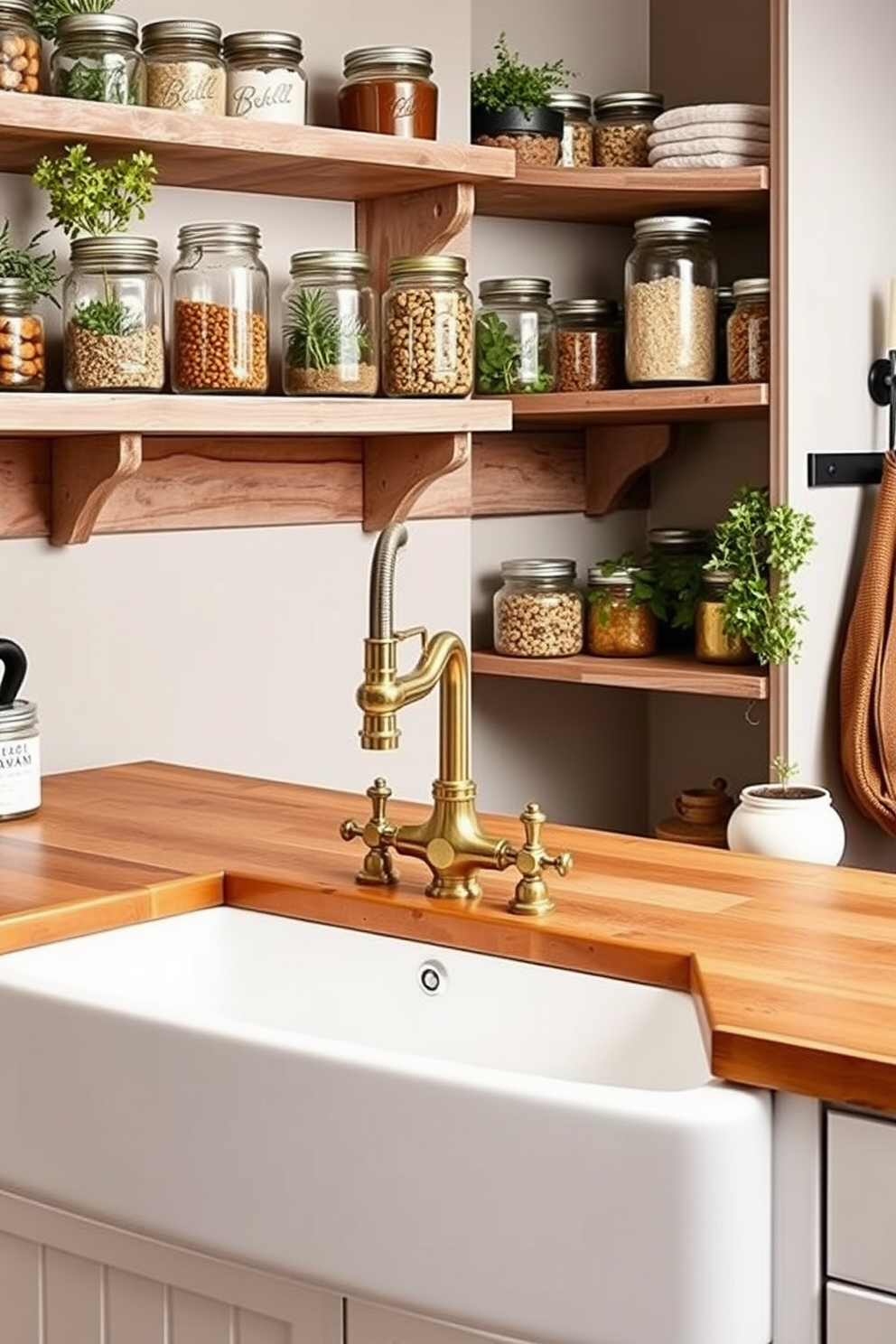 A farmhouse sink with rustic charm features a large, deep basin made of white porcelain, complemented by a vintage-style brass faucet. The surrounding countertop is made of reclaimed wood, adding warmth and character to the kitchen space. For rustic pantry design ideas, envision open shelving made from distressed wood, displaying mason jars filled with dry goods and fresh herbs. The pantry walls are painted in a soft, muted color, creating a cozy atmosphere that invites organization and creativity.