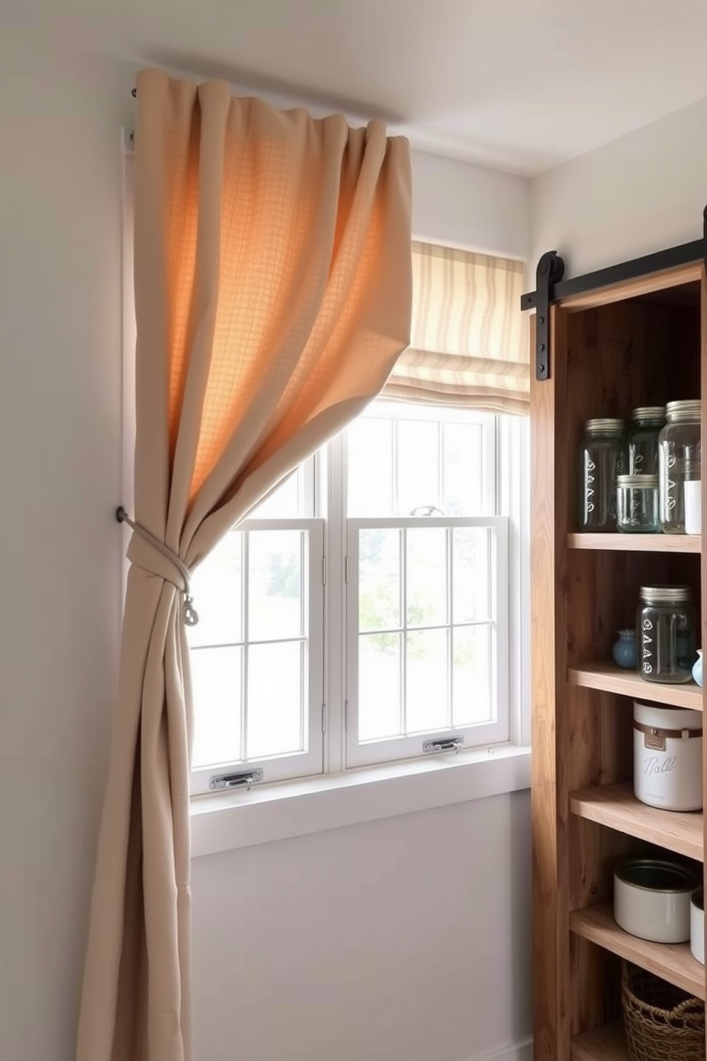 Farmhouse style window treatments for light. The windows are adorned with soft linen curtains in a natural hue, allowing ample sunlight to filter through while maintaining privacy. Rustic pantry design ideas. The pantry features open wooden shelves filled with mason jars and vintage containers, complemented by a sliding barn door that adds charm and functionality.