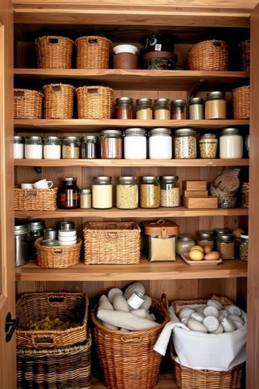 A cozy rustic pantry filled with woven baskets for easy access to ingredients and supplies. The shelves are made of reclaimed wood, showcasing an array of jars and containers in earthy tones.