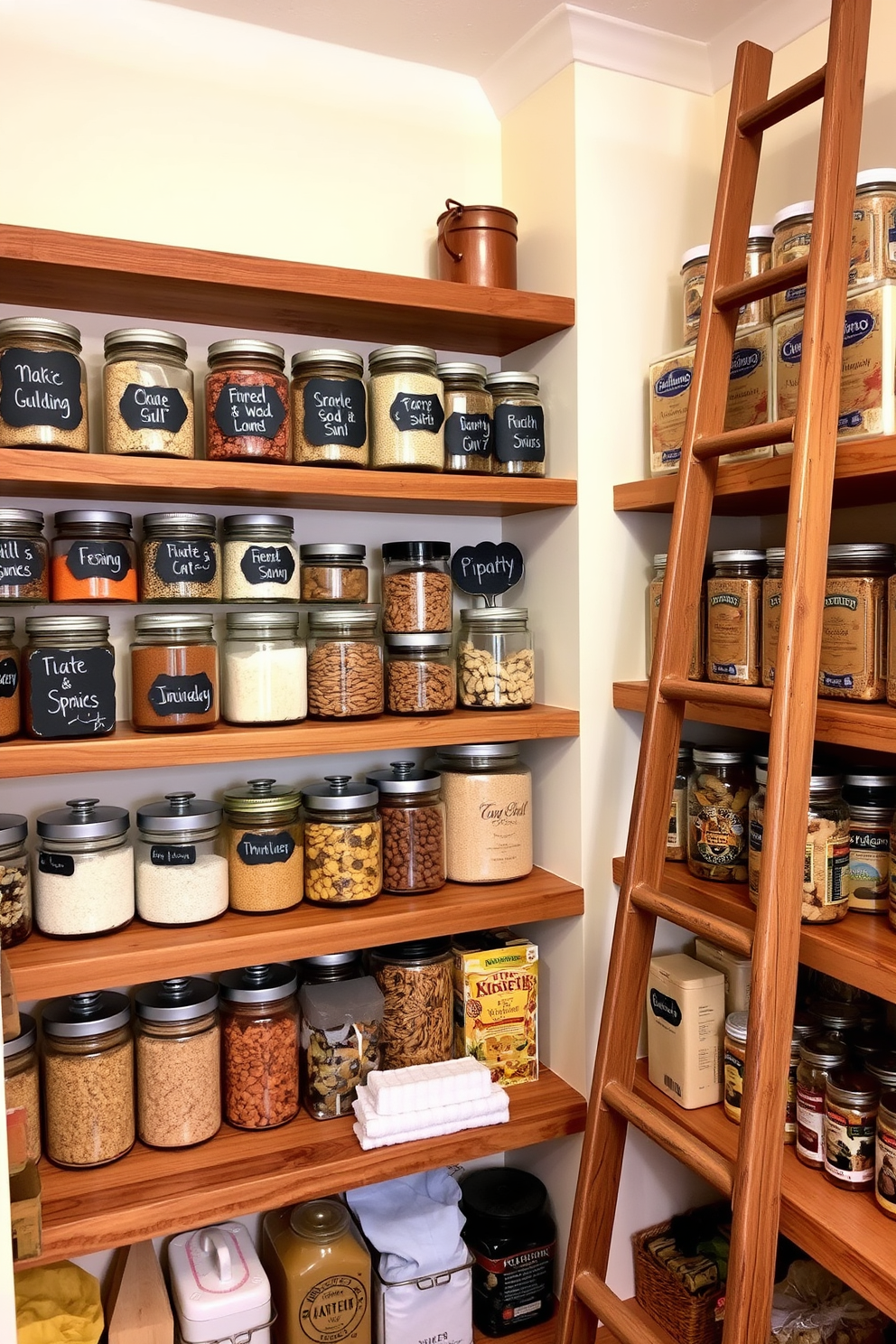 Chalkboard labels are creatively arranged on glass jars filled with various pantry items. The rustic wooden shelves display an assortment of spices, grains, and dried fruits, enhancing the warm, inviting atmosphere of the pantry. The walls are painted in a soft cream color, complementing the natural wood tones of the shelves. A vintage ladder leans against the wall, adding charm and providing access to the higher shelves filled with neatly organized containers.