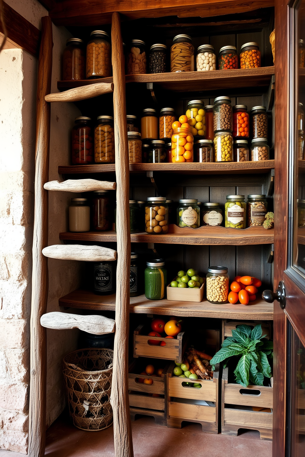 A rustic pantry featuring hanging herbs in mason jars creates a charming and functional space. The wooden shelves are filled with jars of spices and grains, while a vintage ladder leans against the wall for easy access to the upper shelves. The walls are painted in a warm, earthy tone that complements the natural wood elements. A large farmhouse table sits in the center, adorned with fresh produce and a woven basket for a cozy, inviting atmosphere.