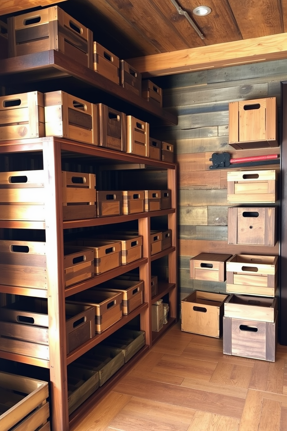 A rustic pantry filled with wooden crates arranged on sturdy shelves. The walls are adorned with reclaimed wood, and the floor features wide planks for a warm, inviting atmosphere.