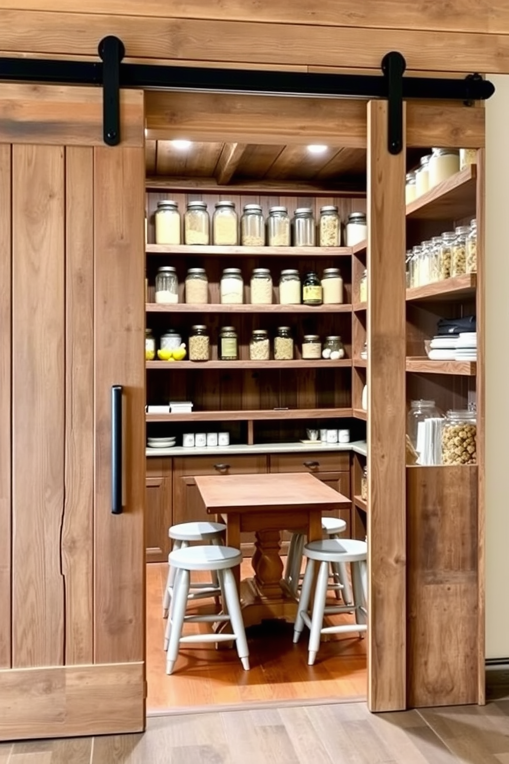 A rustic sliding barn door entrance showcases a weathered wooden finish that adds character to the space. The door slides smoothly on a black metal track, creating a warm and inviting entryway. The rustic pantry design features open shelving made from reclaimed wood that displays mason jars filled with dry goods. A farmhouse-style table sits in the center, surrounded by vintage stools, enhancing the cozy, homely feel of the pantry.