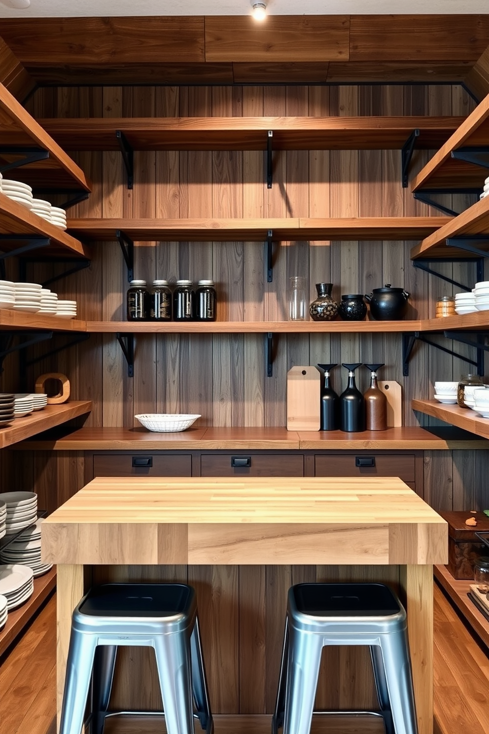 A cozy rustic pantry featuring farmhouse style chalkboard labels. The shelves are filled with glass jars containing grains and spices, and the walls are adorned with wooden accents.