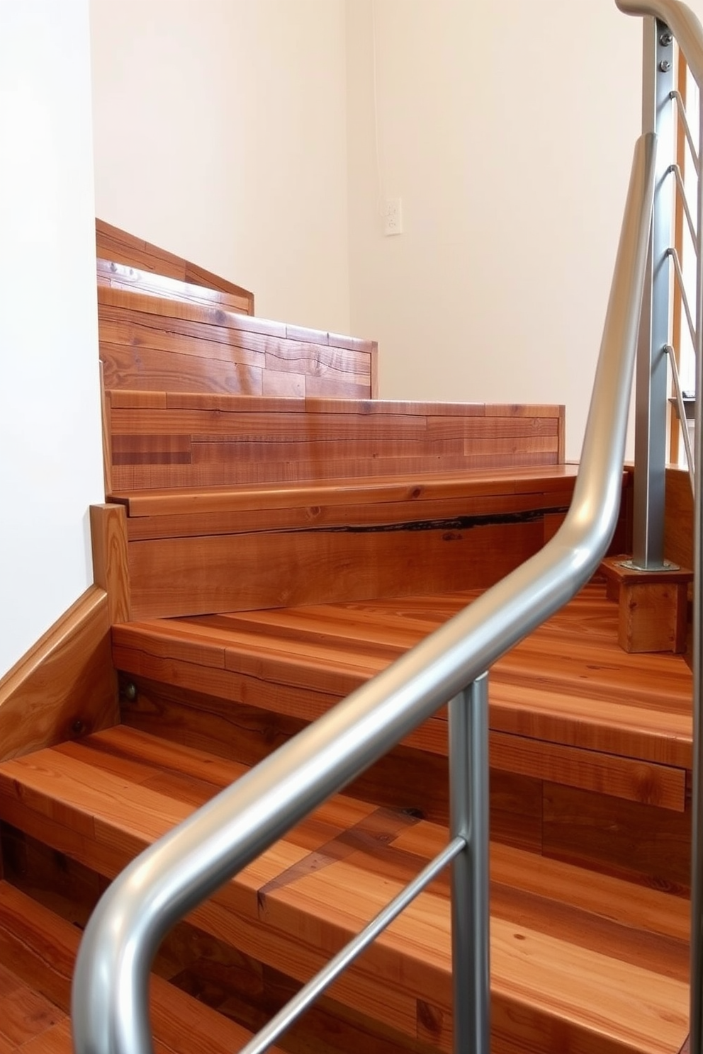 A rustic staircase featuring natural wood steps and a sturdy wrought iron railing creates a warm and inviting atmosphere. The combination of rich wood tones and the intricate design of the railing adds character and charm to the space.