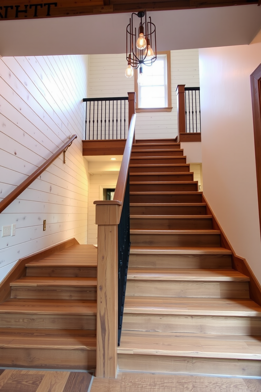 A stunning floating staircase with rustic wood treads creates a warm and inviting atmosphere. The treads are crafted from reclaimed wood, showcasing natural imperfections and rich textures that enhance the overall design. The staircase is suspended by sleek metal supports, adding a modern touch to the rustic elements. Soft ambient lighting illuminates the steps, creating a dramatic effect while ensuring safety and elegance.