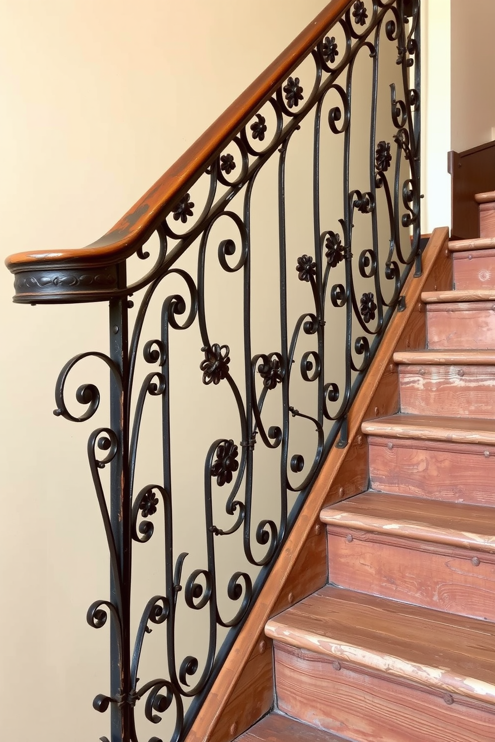 A rustic staircase featuring handcrafted wooden balusters showcases unique grain patterns and imperfections that add character. The warm tones of the wood are complemented by a natural finish, enhancing the organic feel of the space.