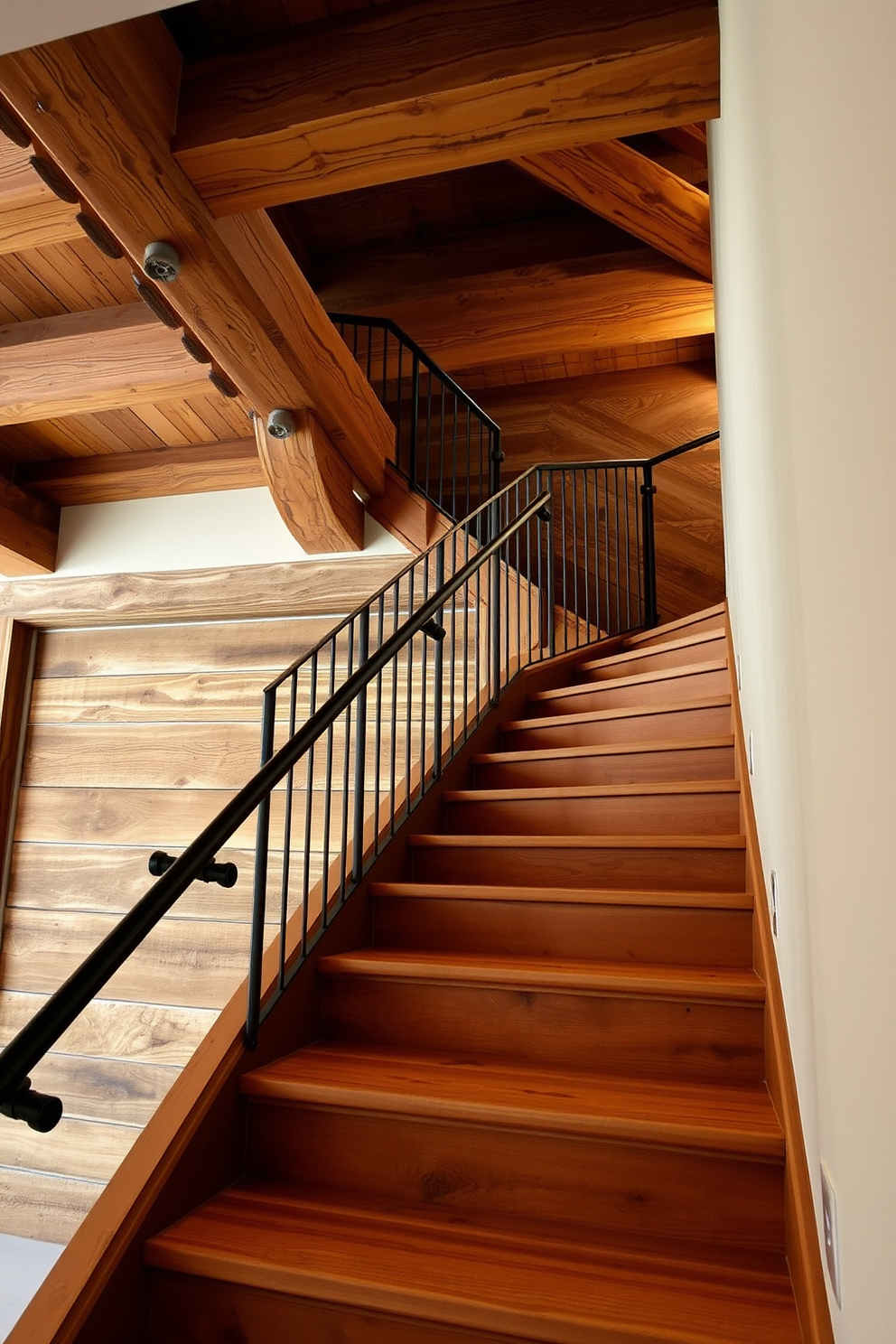 A rustic staircase adorned with wooden railings and beams creates a warm and inviting atmosphere. Rustic lanterns hang from the ceiling, casting a soft glow that highlights the natural wood textures and complements the warm tones of the staircase.