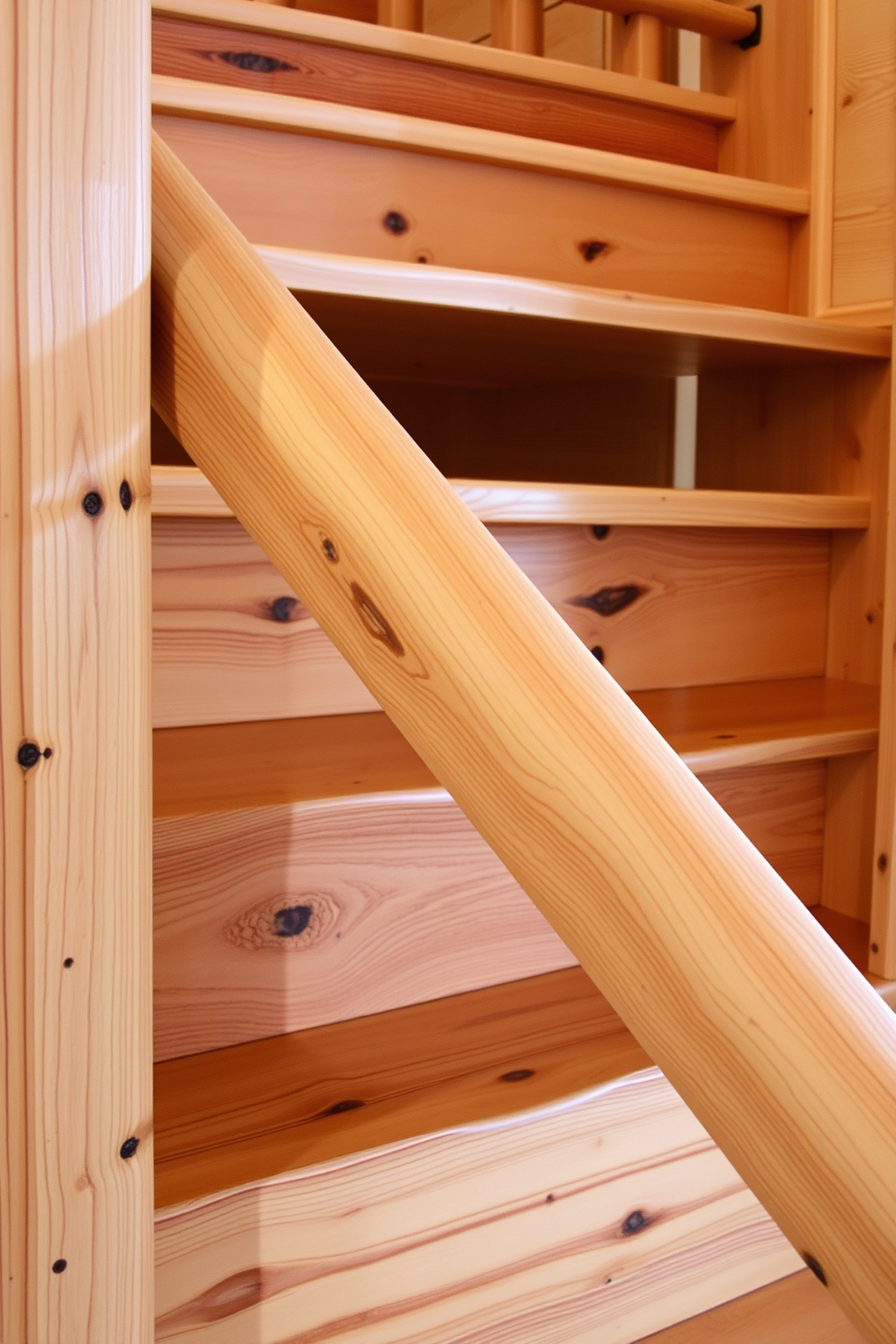 A rustic staircase features stained wood treads that exude warmth and character. The contrasting white risers create a striking visual effect, enhancing the overall aesthetic of the space.