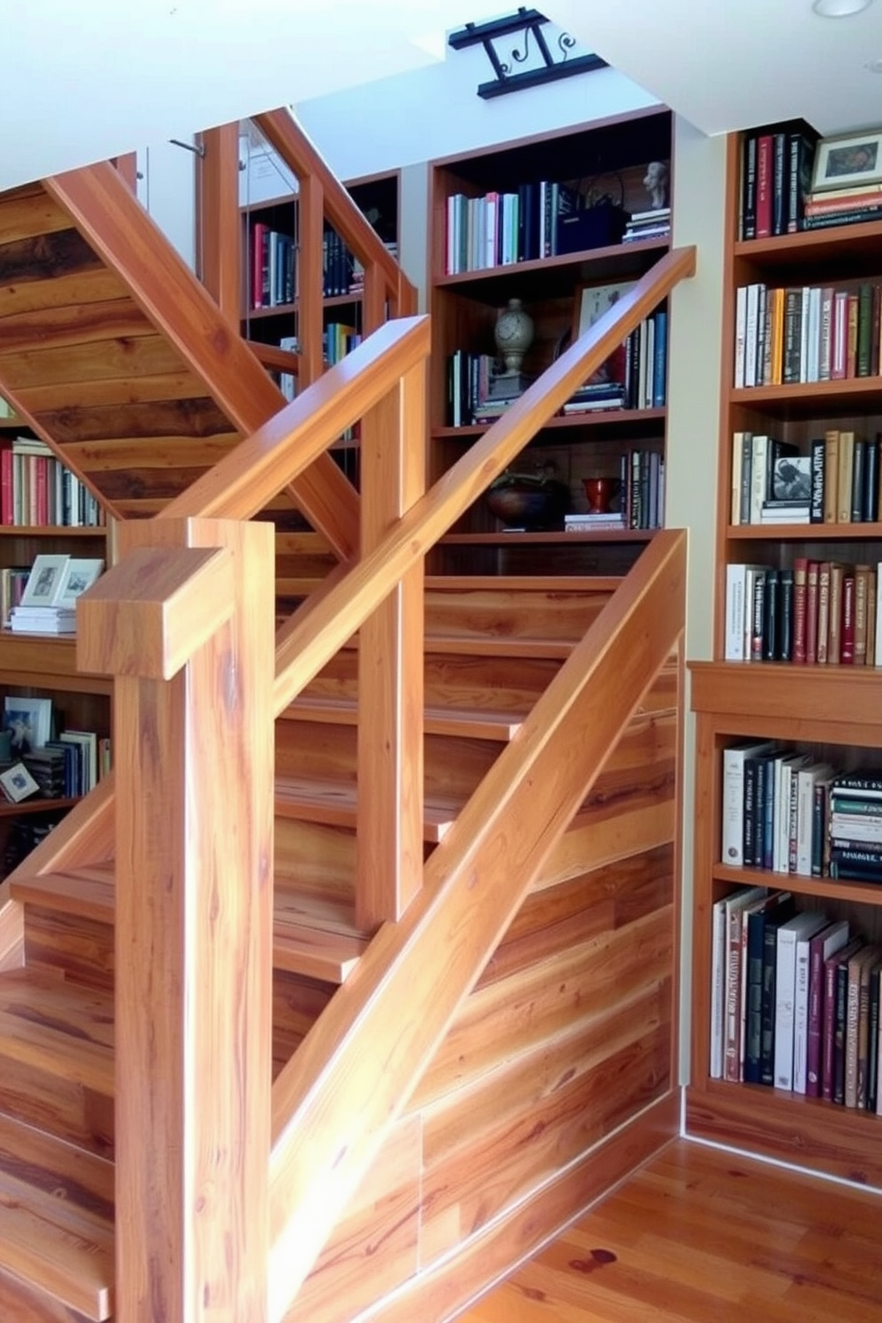 A rustic staircase features natural branch details that intertwine with the wooden railing, creating an organic and inviting atmosphere. The steps are crafted from reclaimed wood, showcasing unique grain patterns and a warm finish that complements the surrounding decor. Soft lighting illuminates the staircase, highlighting the textures of the branches and wood. A woven rug runs alongside the steps, adding comfort and a touch of color to the rustic design.