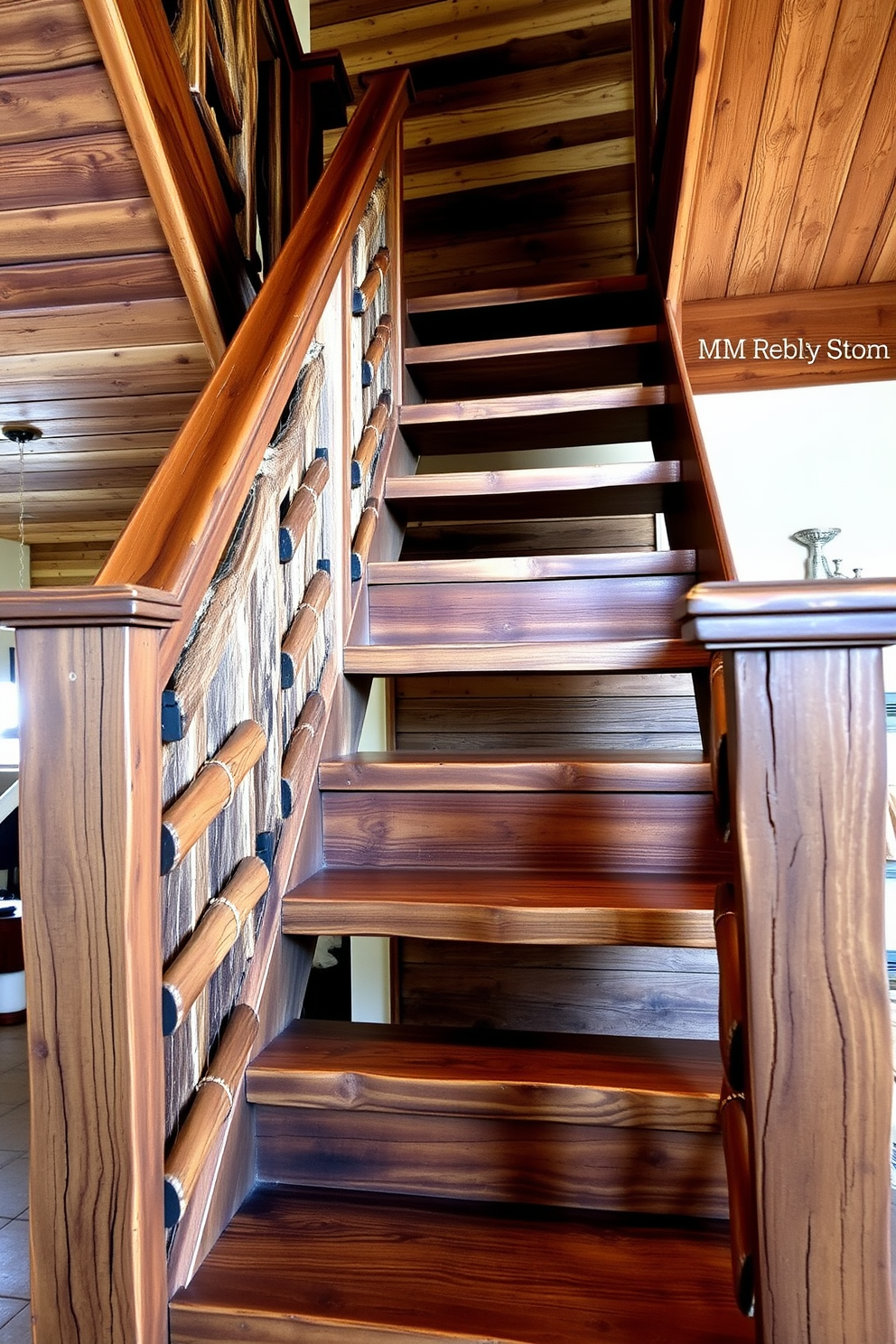 A rustic staircase with patterned tile risers showcases a blend of natural wood and intricate tile designs. The warm tones of the wooden handrail complement the vibrant colors of the tiles, creating an inviting focal point in the home. The staircase features open risers that allow light to filter through, enhancing the rustic charm. Surrounding the staircase are potted plants that add a touch of greenery and warmth to the space.