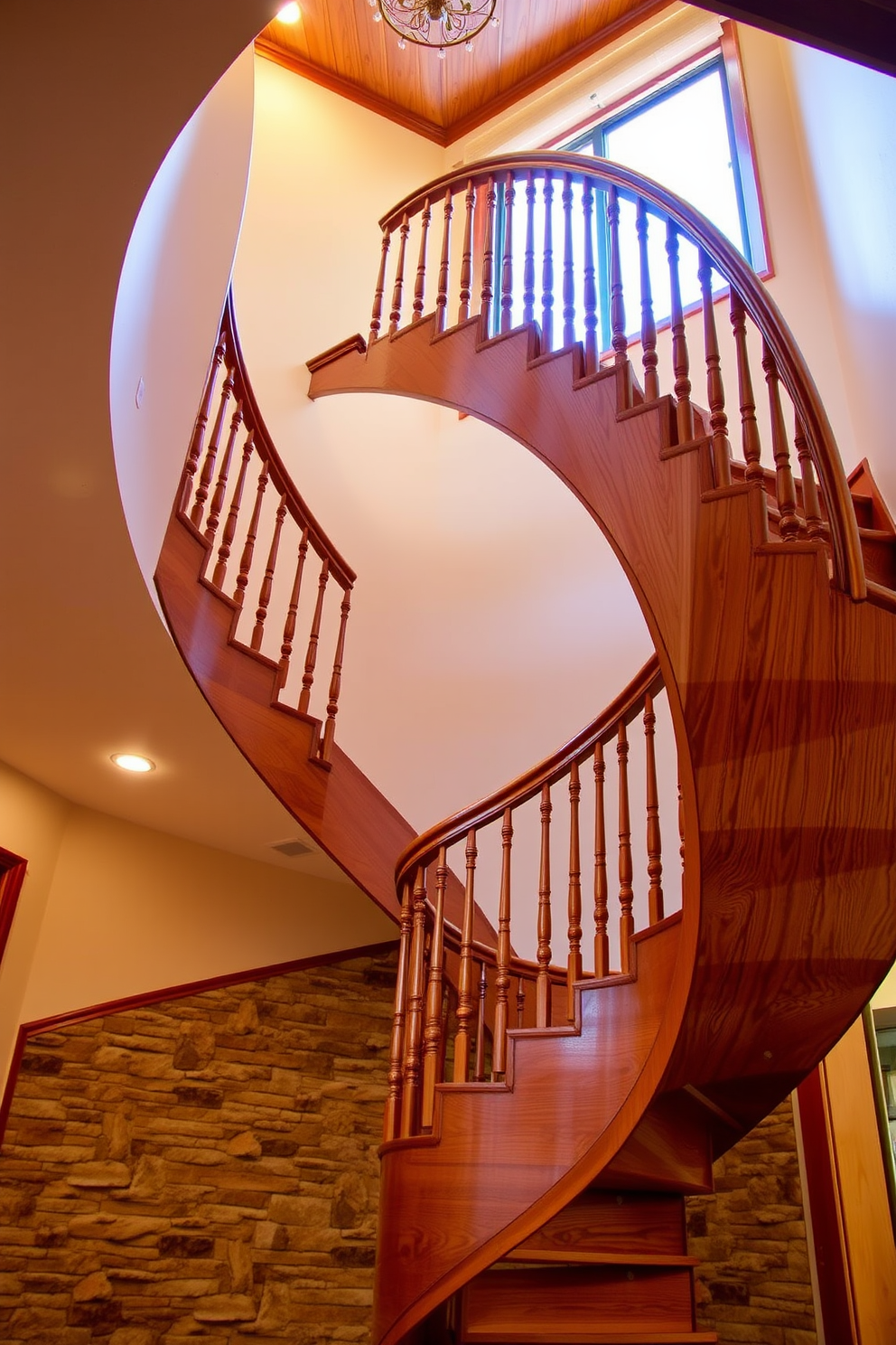 A stunning staircase features a herringbone wood pattern that adds warmth and character to the space. The rich tones of the wood create a striking visual contrast against the white walls, enhancing the rustic charm of the design. The staircase is adorned with wrought iron railings that complement the natural wood finish. Soft lighting illuminates the steps, creating an inviting atmosphere that welcomes guests into the home.