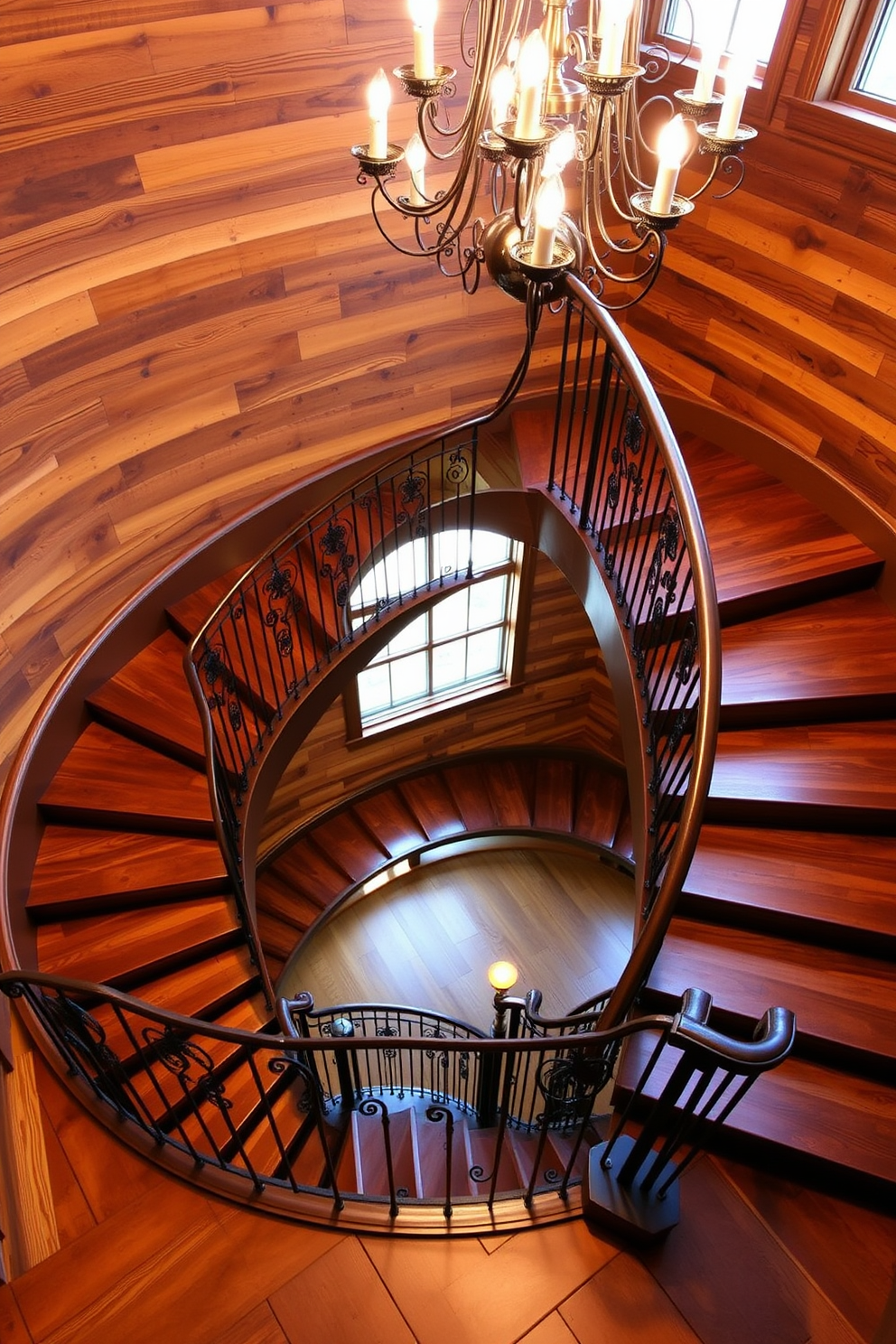 A rustic staircase design featuring reclaimed barn wood steps and risers creates a warm and inviting atmosphere. The natural texture of the wood contrasts beautifully with the surrounding decor, enhancing the overall charm of the space. The staircase is complemented by wrought iron railings that add a touch of elegance. Soft, ambient lighting highlights the wood grain, making the staircase a stunning focal point in the home.