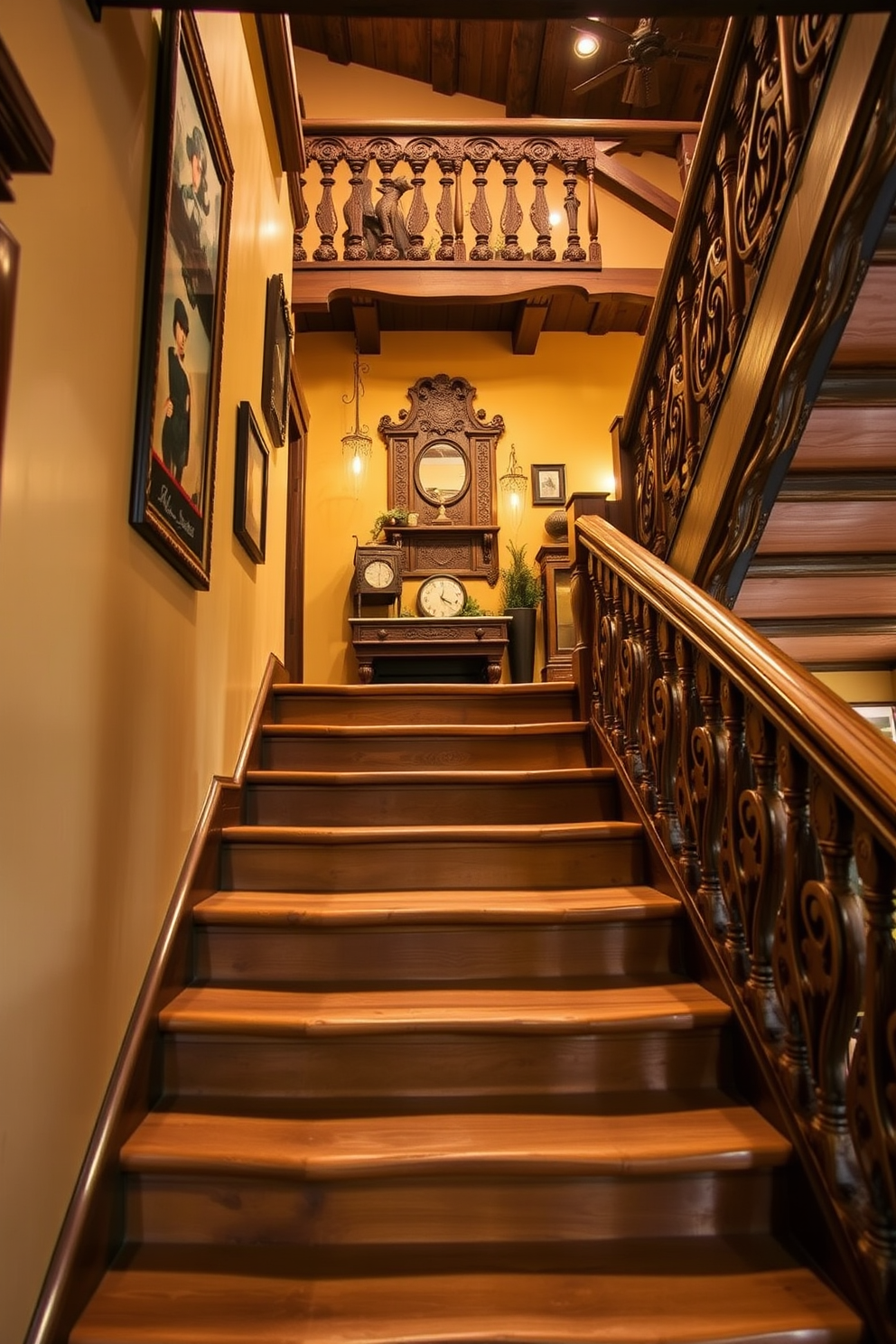 A rustic staircase made of reclaimed wood with a natural finish. Underneath the stairs, there is built-in storage featuring open shelving and closed cabinets, seamlessly integrated into the design. The walls surrounding the staircase are adorned with vintage photographs in wooden frames. Soft lighting illuminates the area, creating a warm and inviting atmosphere.