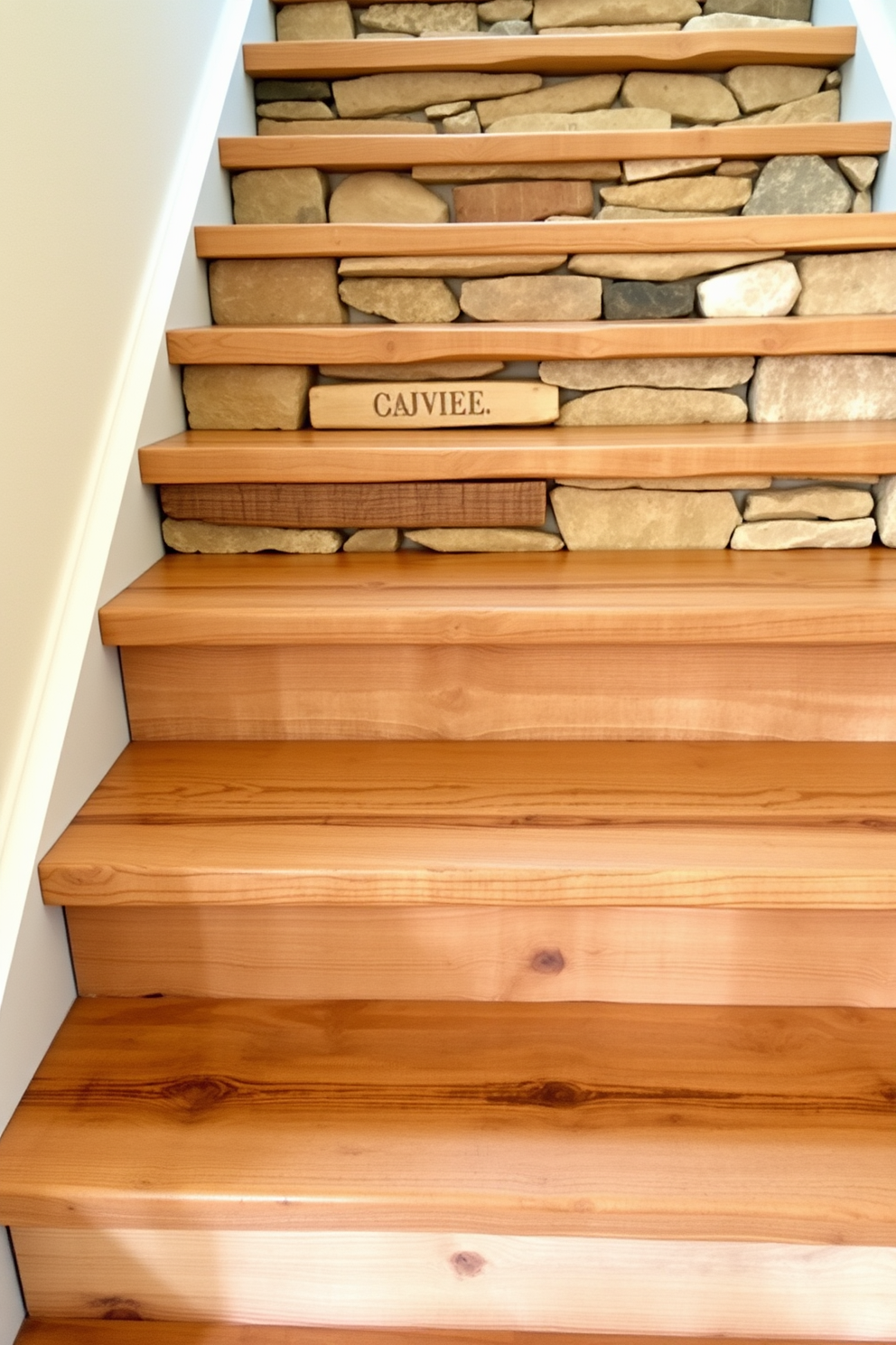 A rustic staircase featuring wooden steps with integrated LED lighting creates a warm and inviting atmosphere. The natural wood grain is highlighted by the soft glow of the lights, enhancing the overall aesthetic of the space.