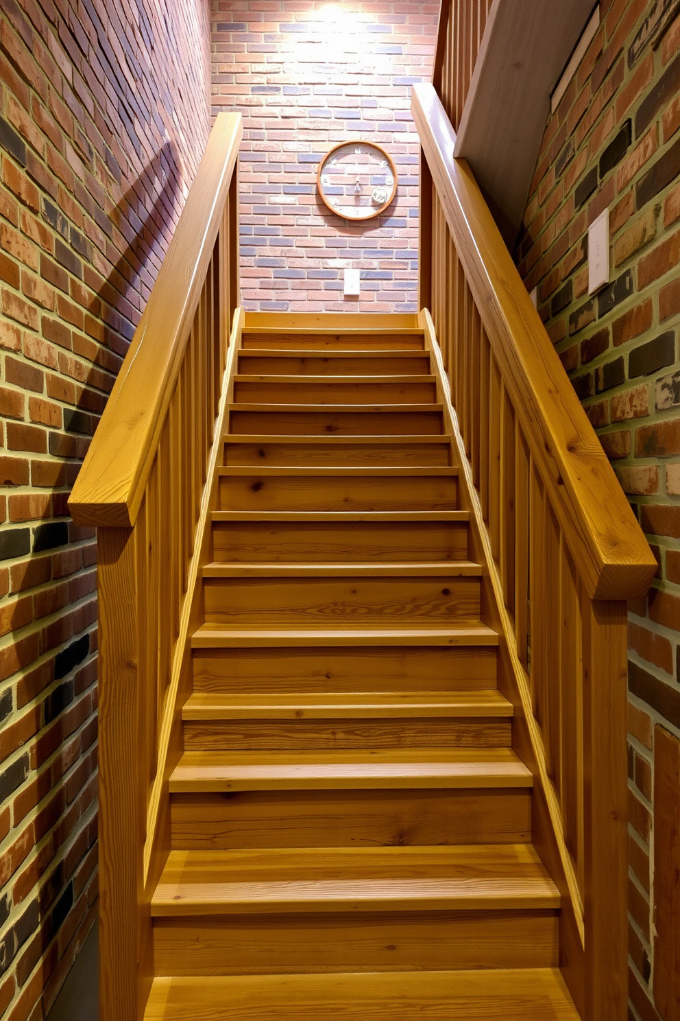 A rustic staircase painted in earthy tones features wooden steps that blend seamlessly with the surrounding walls. The railing is crafted from wrought iron, adding a touch of elegance to the natural aesthetic. The walls are adorned with reclaimed wood paneling, enhancing the warm and inviting atmosphere. Soft lighting fixtures are strategically placed to highlight the texture of the wood and create a cozy ambiance.