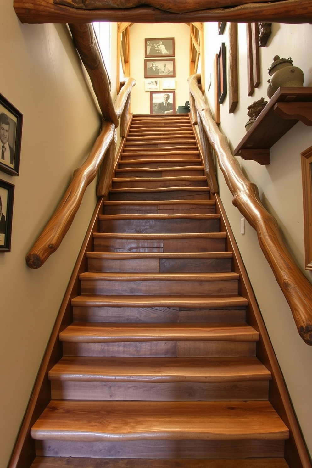 A rustic staircase design featuring salvaged wood from old buildings. The steps are wide and sturdy, showcasing the unique grain and texture of the reclaimed wood. The railing is crafted from wrought iron, adding an industrial touch that complements the warmth of the wood. Natural light filters through a nearby window, highlighting the character of the staircase and creating an inviting atmosphere.