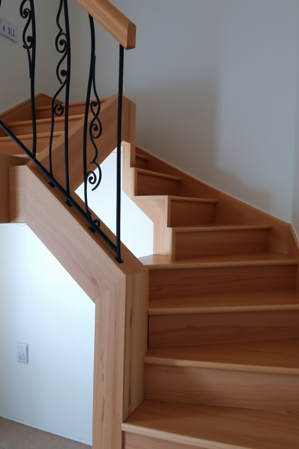 A rustic staircase made of reclaimed wood with visible grain and knots. Decorative metal accents in the form of handrails and brackets add an industrial touch to the warm wood tones. The staircase features open risers to enhance the sense of space and light. Natural light floods in from a nearby window, illuminating the rich textures of the wood and metal.