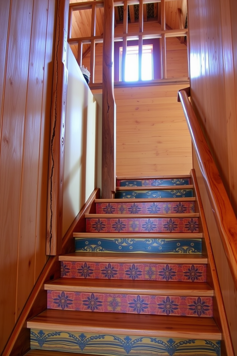 Natural stone steps lead gracefully to a loft space, creating a seamless transition between levels. The rustic staircase features exposed wooden beams and wrought iron railings that enhance the natural aesthetic.