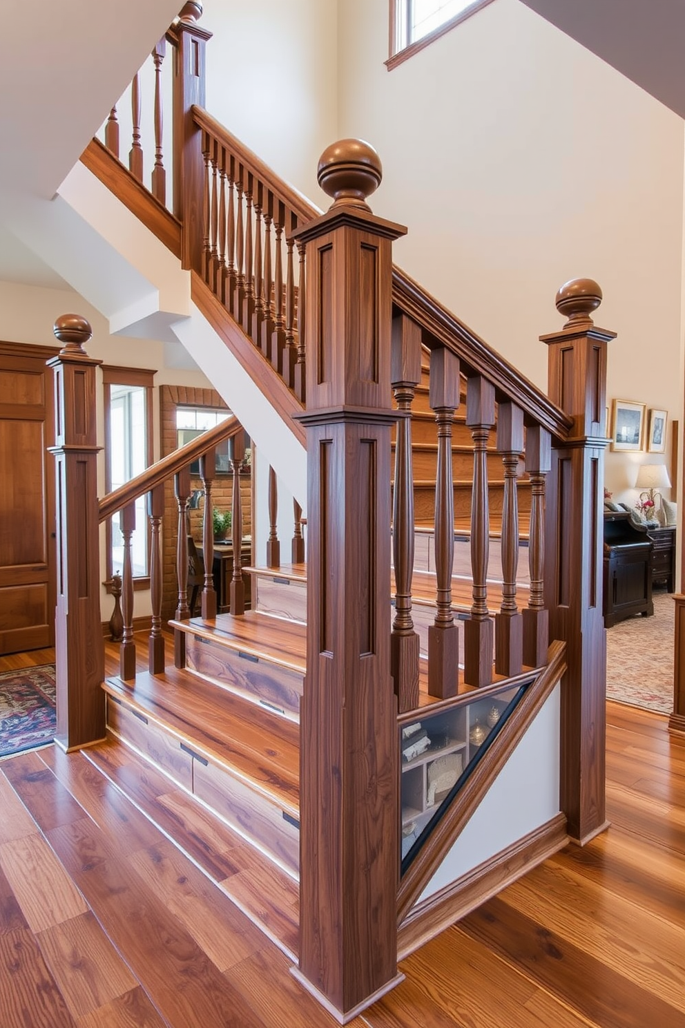 A rustic staircase features oversized newel posts crafted from reclaimed wood, adding a touch of charm and character. The treads are wide and sturdy, showcasing the natural grain of the wood, while the railing is elegantly designed with wrought iron accents. Surrounding the staircase, warm lighting highlights the rich textures of the wood and complements the earthy tones of the interior. A woven runner adds softness underfoot, enhancing the inviting atmosphere of this rustic space.