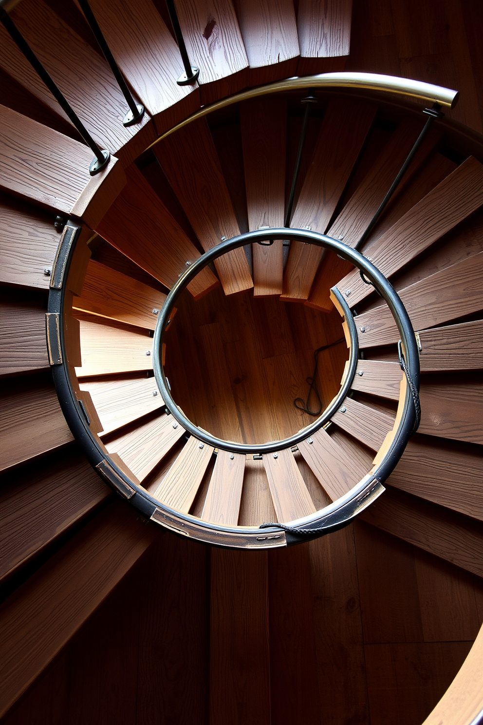 A wooden staircase features a vintage runner carpet that adds warmth and character to the space. The rich tones of the wood contrast beautifully with the intricate patterns of the carpet, creating an inviting focal point in the home. Natural light streams in from a nearby window, highlighting the craftsmanship of the staircase. Surrounding the staircase are rustic elements like exposed brick walls and wooden beams that enhance the overall charm of the design.