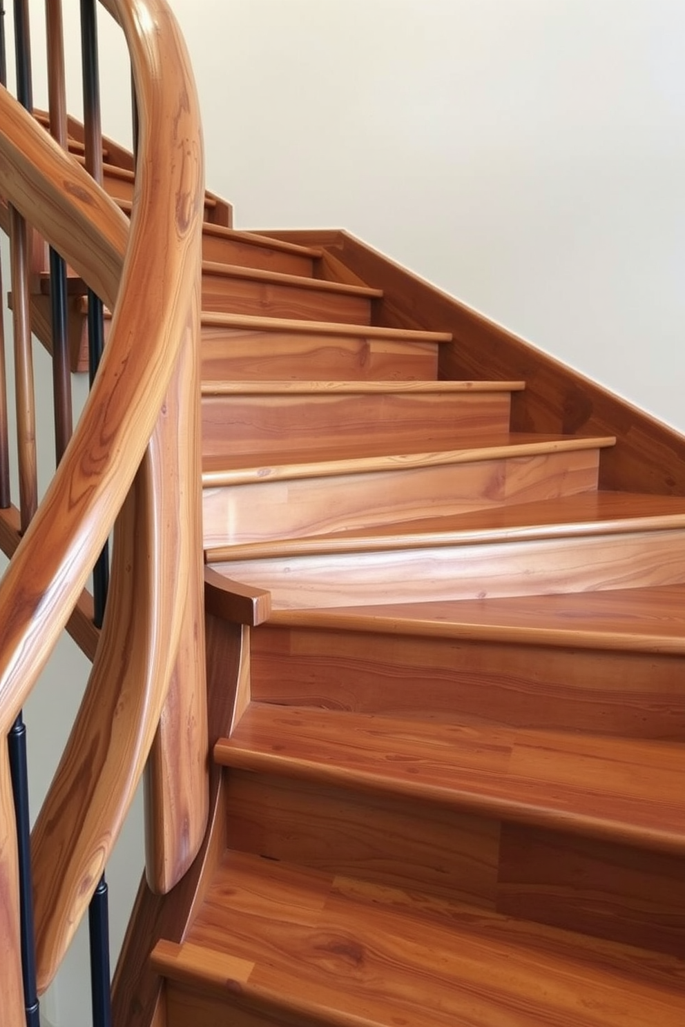 A rustic staircase made of reclaimed wood with visible grain and knots leading to a cozy loft space. The walls are adorned with vibrant artistic murals depicting nature scenes, adding a touch of creativity and warmth to the environment.