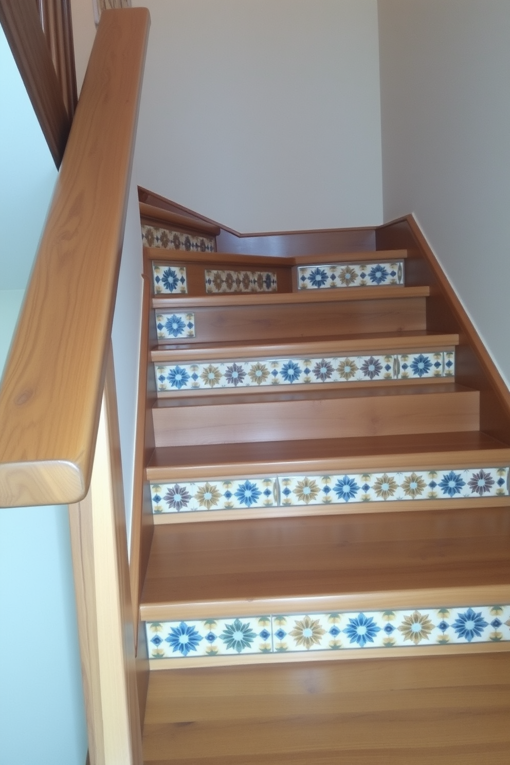 A rustic ladder-style staircase features exposed wooden beams and a weathered finish that enhances its natural charm. The steps are wide and sturdy, with a handrail made from reclaimed wood that adds to the overall warmth of the design. The staircase is complemented by soft, ambient lighting that highlights the grain of the wood. Surrounding the staircase, potted plants and natural decor elements create a cozy and inviting atmosphere.