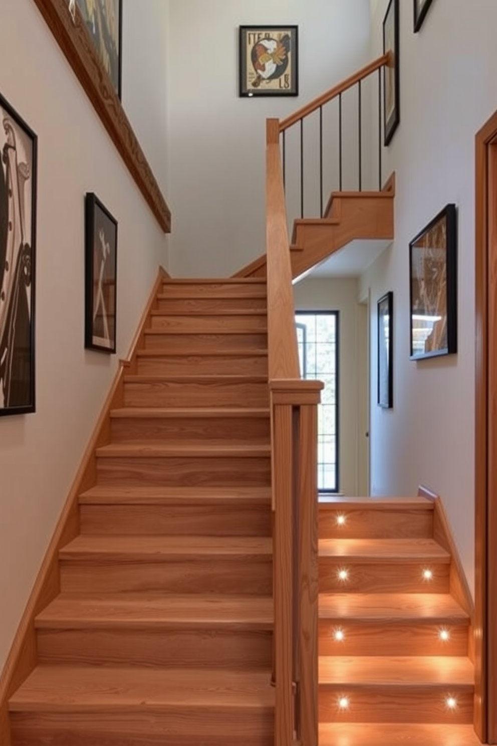 A stunning open riser staircase showcases rustic charm with exposed wooden beams and a natural finish. The treads are made of reclaimed wood, while the balustrade features wrought iron accents that enhance the overall aesthetic.