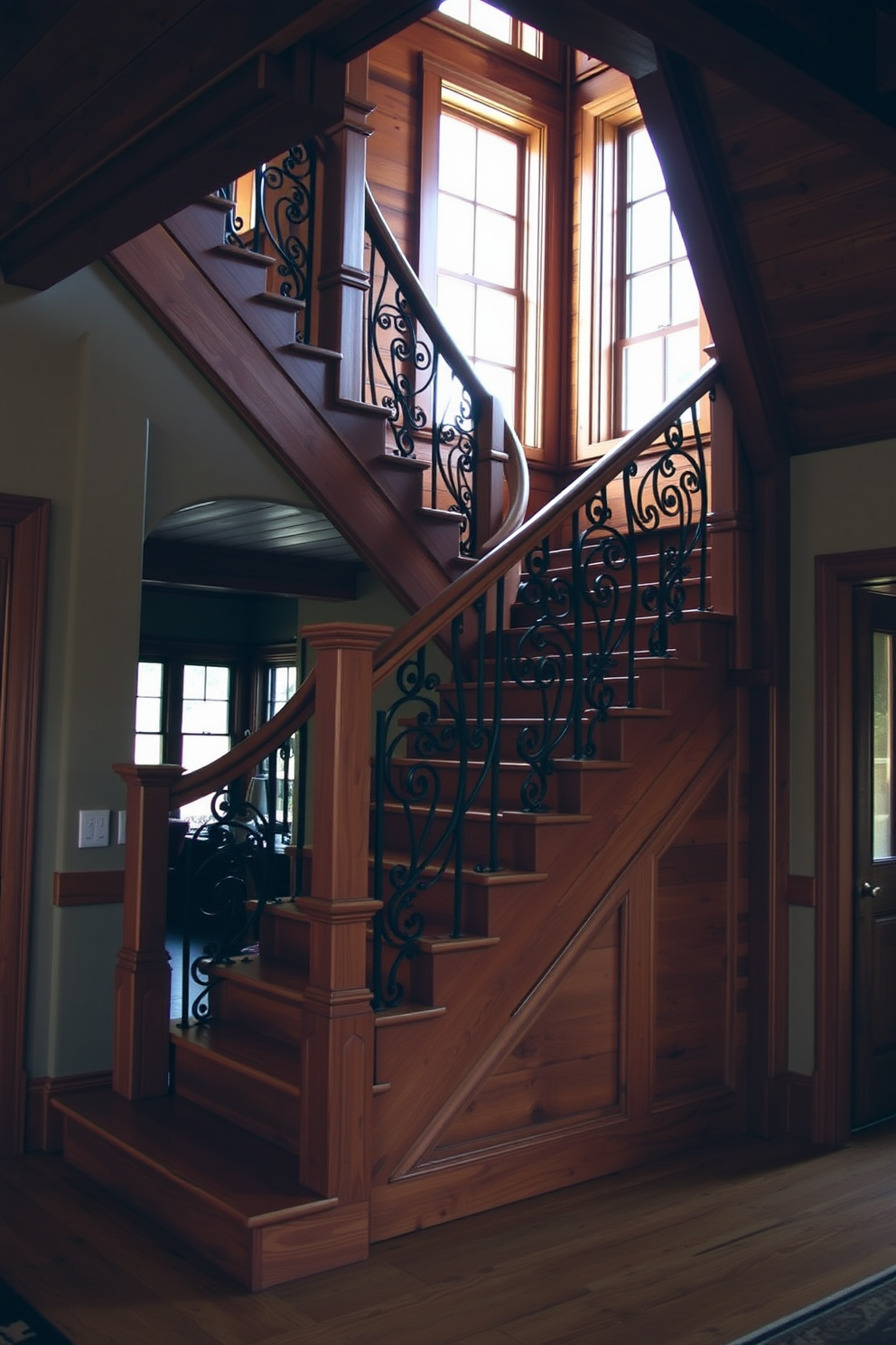 A stunning staircase featuring reclaimed wood railings that evoke a sense of warmth and charm. The steps are made of rich, dark wood, complemented by a rustic finish that highlights the natural grain and imperfections.