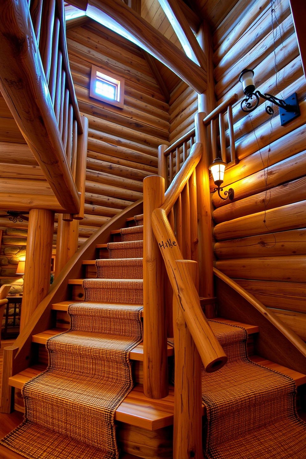 A stunning curved staircase features log accents that blend seamlessly with the surrounding decor. The wooden handrails are crafted from polished logs, enhancing the rustic charm of the space. The staircase is illuminated by warm, ambient lighting that highlights the natural textures of the wood. Below, a cozy seating area with plush cushions invites relaxation and complements the rustic design.