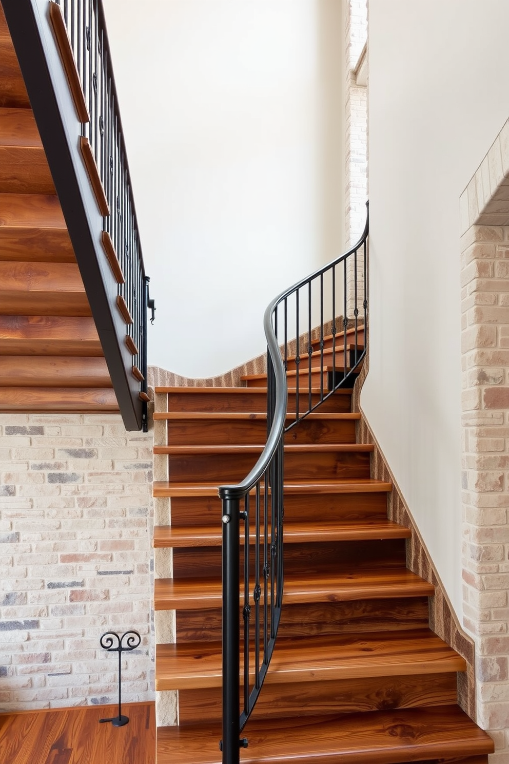 A stunning spiral staircase with rustic finishes. The staircase features wooden treads and a wrought iron railing, surrounded by exposed brick walls and warm ambient lighting.