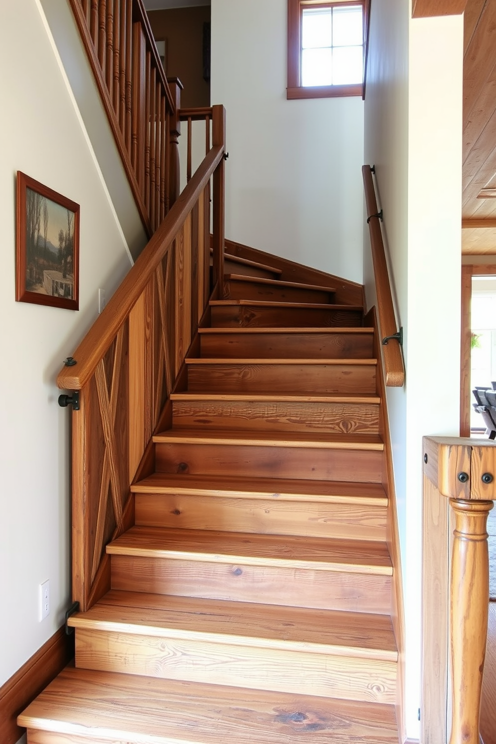 A rustic staircase design features a stunning stone wall as its backdrop, creating a warm and inviting atmosphere. The staircase is crafted from reclaimed wood with wrought iron railings, perfectly complementing the natural texture of the stone.