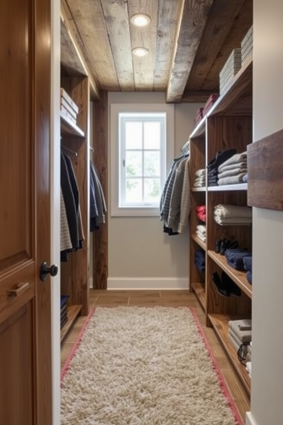 A rustic walk-in closet featuring wooden beams that create a warm and inviting atmosphere. Open shelving made of reclaimed wood displays neatly folded sweaters and accessories, while a plush area rug adds comfort underfoot.