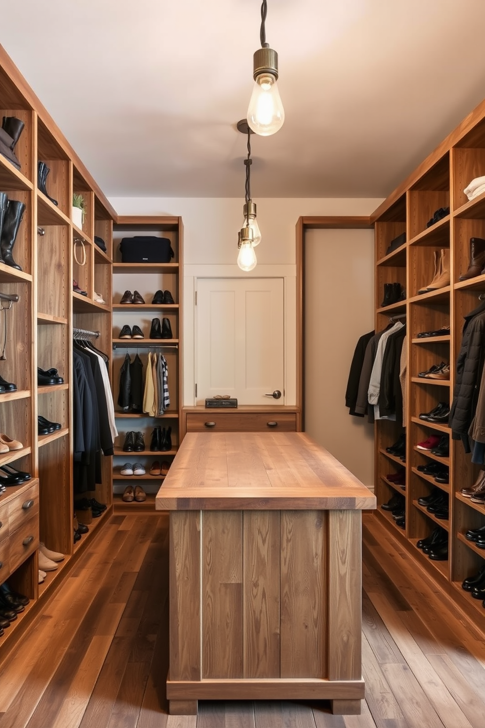 A charming entryway features a sliding barn door made of reclaimed wood, adding a touch of rustic elegance. The door slides smoothly along a metal track, creating an inviting focal point as you enter the home. The walk-in closet is designed with open shelving made from natural wood, providing ample storage for shoes and accessories. Soft lighting illuminates the space, highlighting the rich textures of the wooden elements and creating a warm atmosphere.