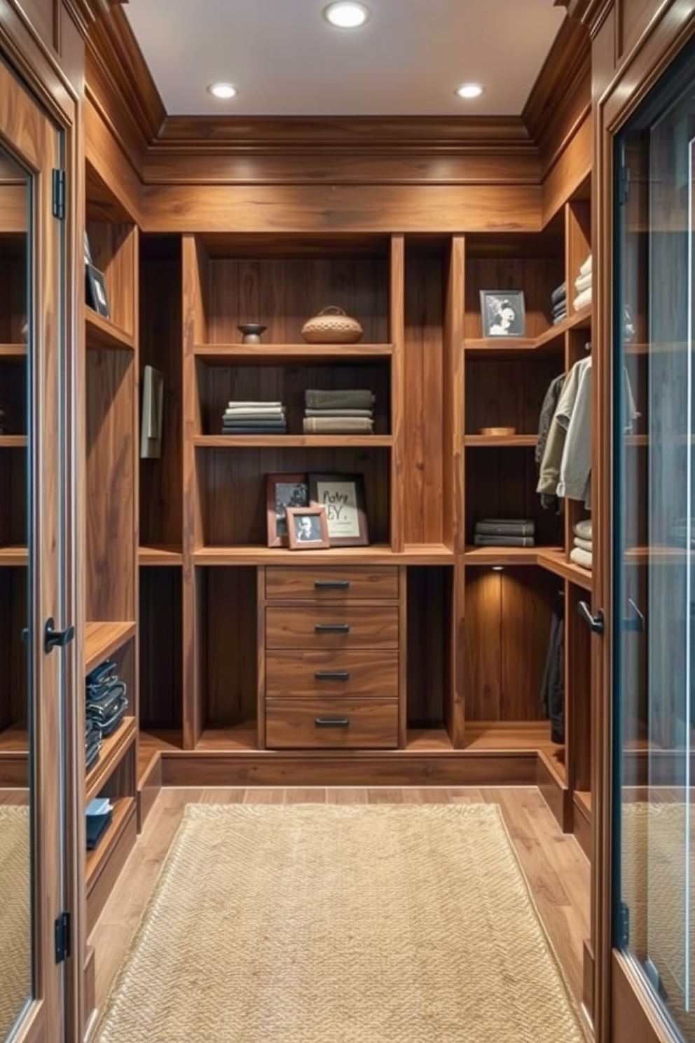 A cozy reading nook featuring a plush armchair upholstered in soft fabric. A small side table holds a steaming cup of tea and a stack of books, while a warm throw blanket drapes over the armchair. A rustic walk-in closet designed with reclaimed wood shelves and hanging rods. The space is illuminated by warm pendant lighting, and a vintage rug adds a touch of charm to the wooden floor.