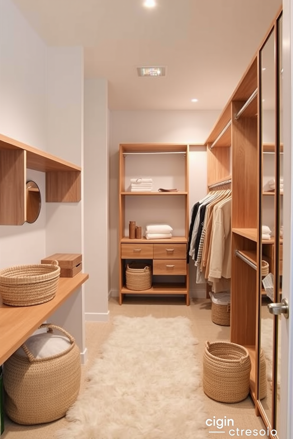 A soft neutral color palette creates a serene atmosphere in the walk-in closet. Wooden shelving and hanging rods provide ample storage while adding warmth to the space. Accent pieces such as woven baskets and plush rugs introduce texture and comfort. Large mirrors on the walls enhance the sense of openness and light.