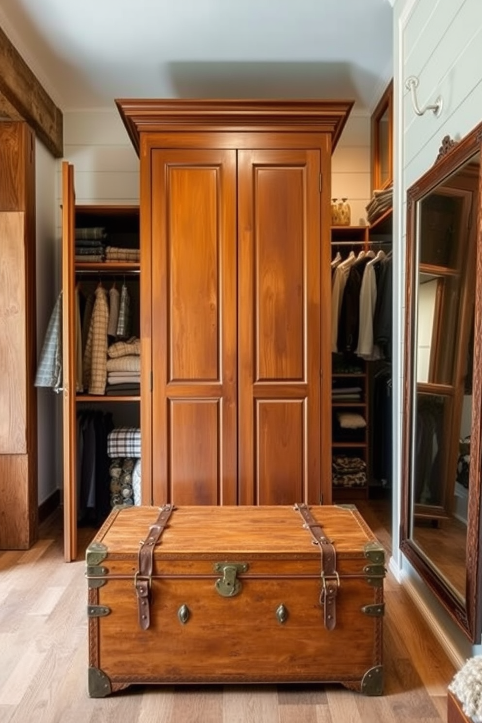 A vintage trunk for seasonal storage sits at the foot of a beautifully crafted wooden wardrobe. The trunk is adorned with leather straps and brass accents, adding a touch of charm to the space. The rustic walk-in closet features exposed wooden beams and shiplap walls, creating a cozy atmosphere. Shelving made from reclaimed wood showcases neatly folded sweaters and accessories, while a full-length mirror reflects the warm lighting.