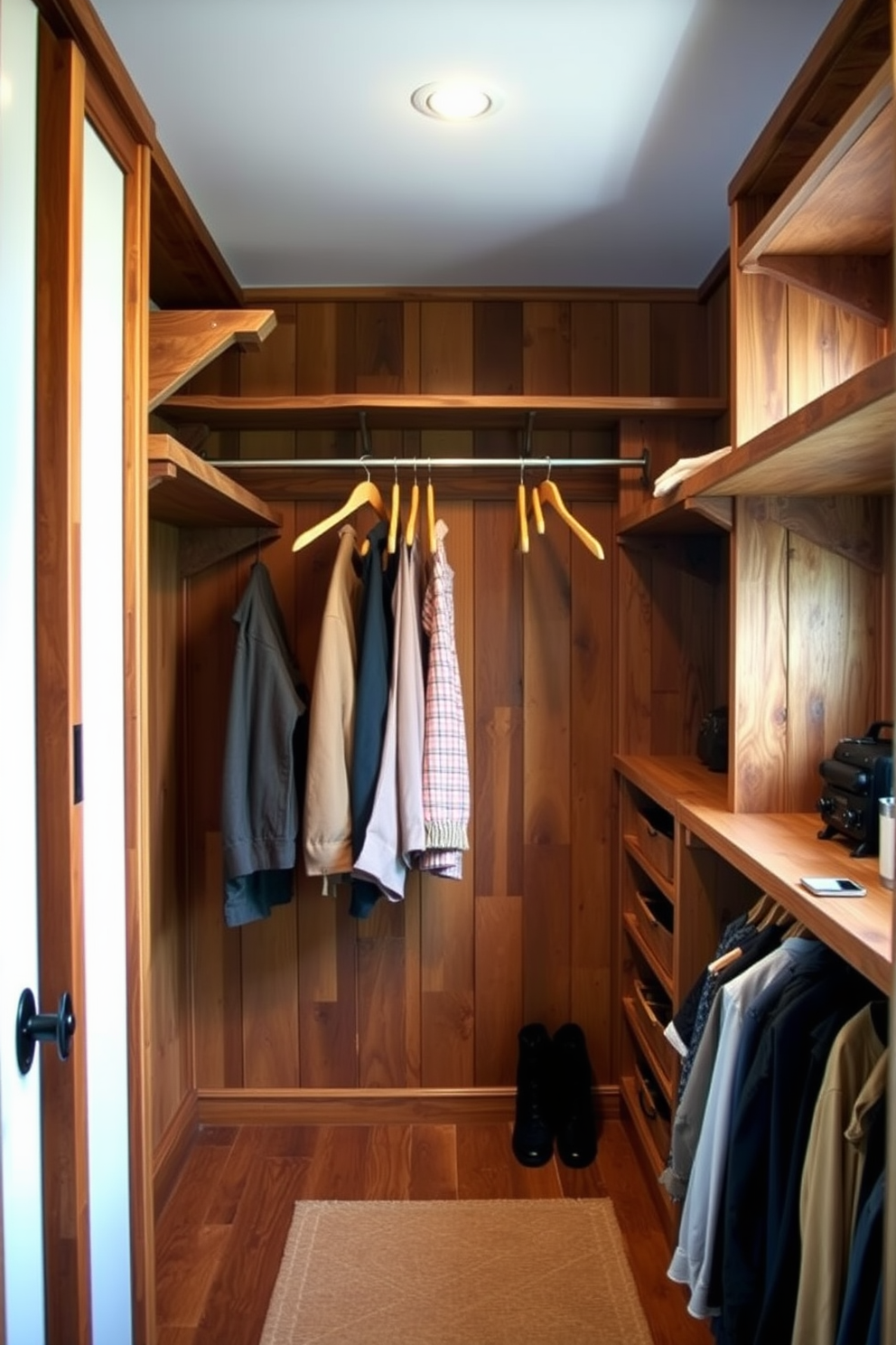 A rustic walk-in closet featuring open hanging rods supported by sturdy wooden brackets. The space is adorned with reclaimed wood shelves and a warm, inviting color palette that enhances the natural materials.