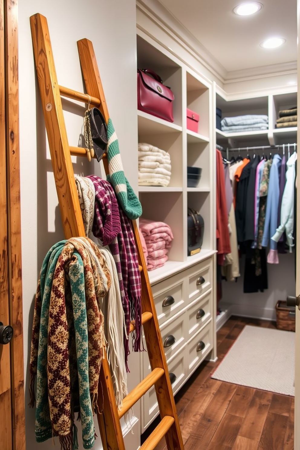 A decorative ladder is leaning against the wall, adorned with an assortment of colorful scarves and stylish accessories. The warm wood finish of the ladder contrasts beautifully with the soft, neutral tones of the walk-in closet. The walk-in closet features built-in shelving and hanging spaces, creating a functional yet inviting atmosphere. Soft lighting illuminates the space, highlighting the rustic charm of reclaimed wood accents and vintage-inspired hardware.