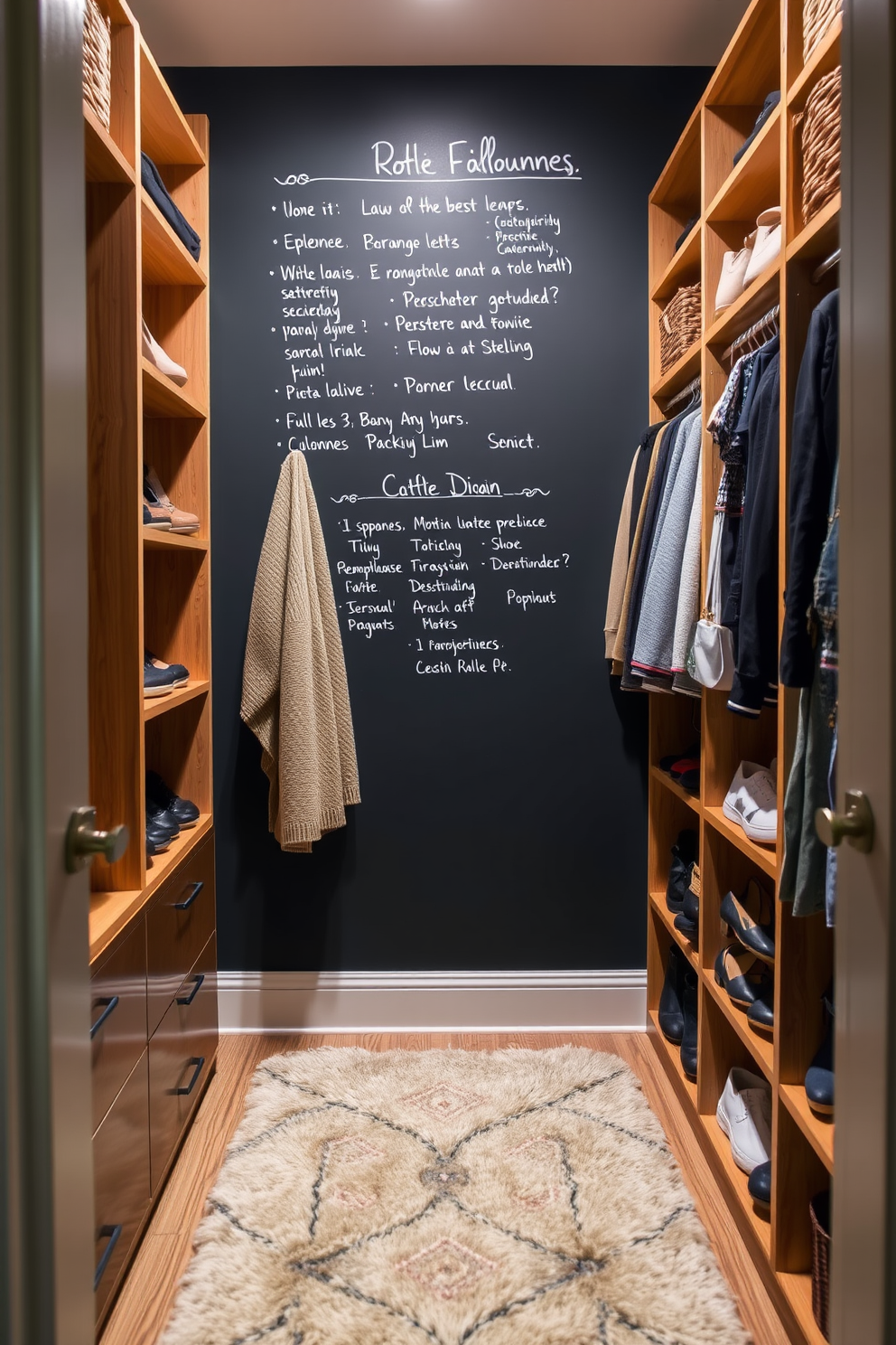 A cozy walk-in closet features a chalkboard wall for notes and reminders creating a functional and stylish space. The wooden shelves are filled with neatly organized shoes and accessories, while a plush rug adds warmth underfoot.