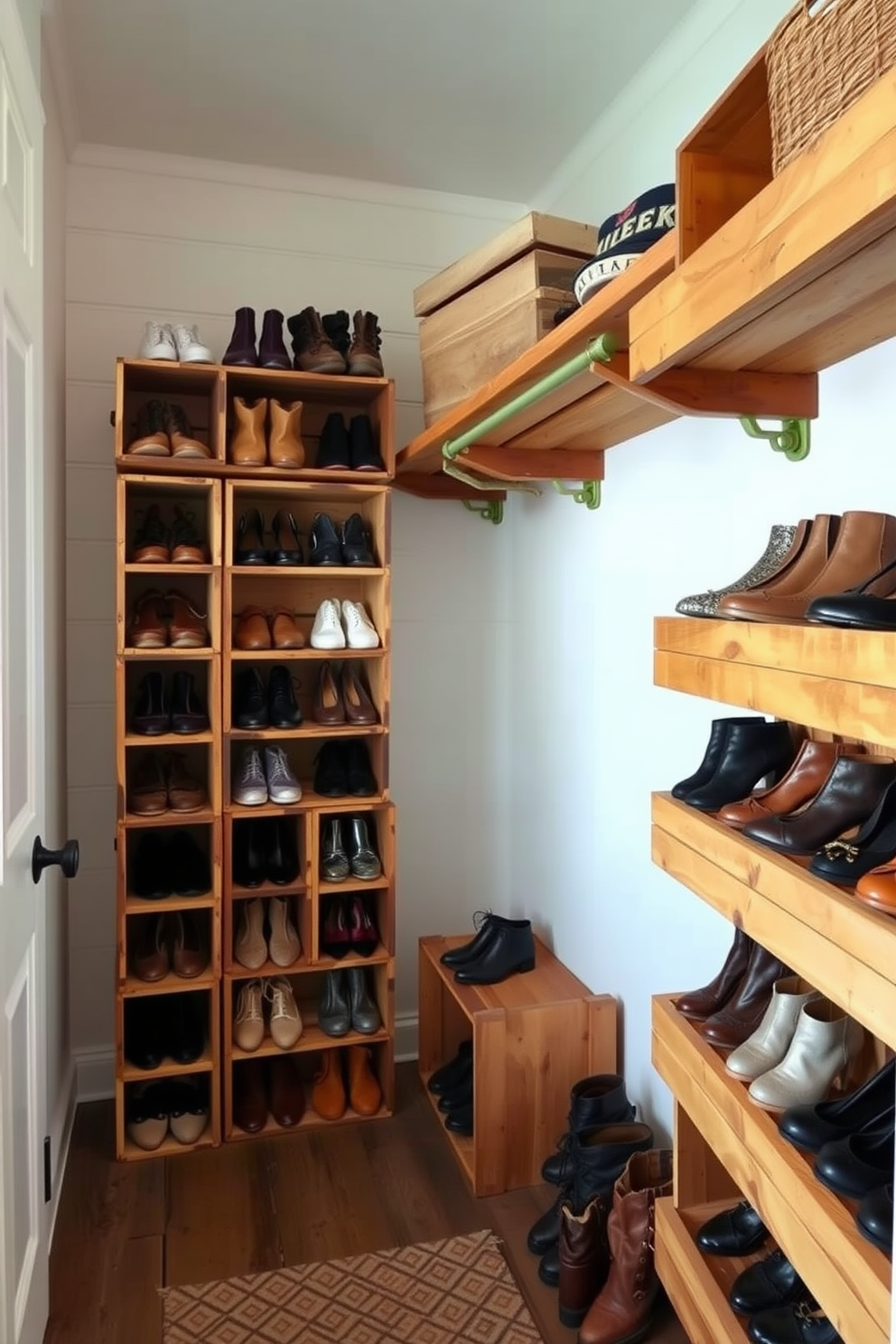 A vintage-style lighting fixture hangs elegantly from the ceiling, casting a warm glow throughout the room. The fixture features intricate metalwork and frosted glass shades, adding a touch of charm to the space. The walk-in closet is designed with reclaimed wood shelves and a cozy seating nook. Soft, ambient lighting highlights the organized rows of shoes and neatly arranged clothing, creating a welcoming atmosphere.