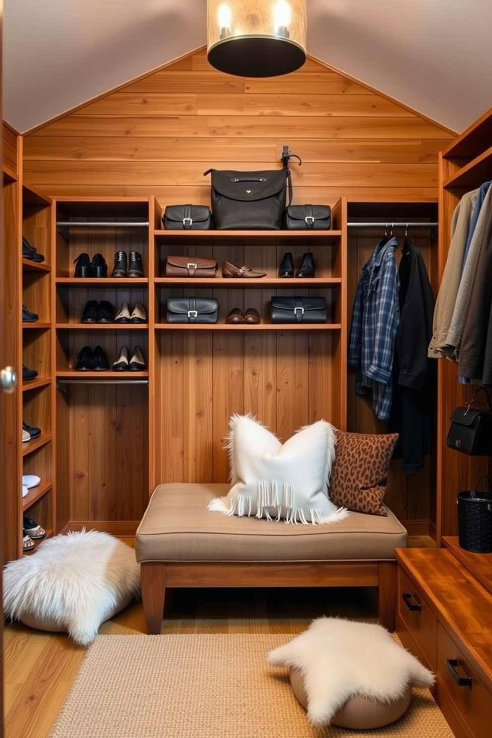 A luxurious walk-in closet featuring custom cabinetry with rustic finishes. The warm wood tones create an inviting atmosphere complemented by soft ambient lighting. Spacious shelving and drawers provide ample storage for clothing and accessories. A cozy seating area with plush cushions invites relaxation and contemplation while choosing outfits.