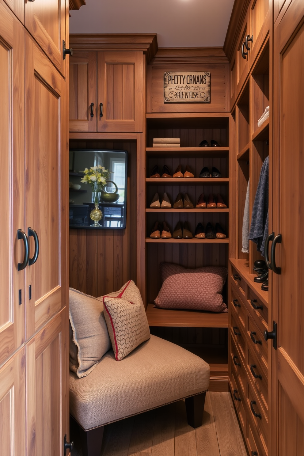 Reclaimed wood cabinetry with vintage hardware creates a warm and inviting atmosphere in the walk-in closet. The space features open shelving for shoes and accessories, complemented by a cozy seating area with plush cushions.