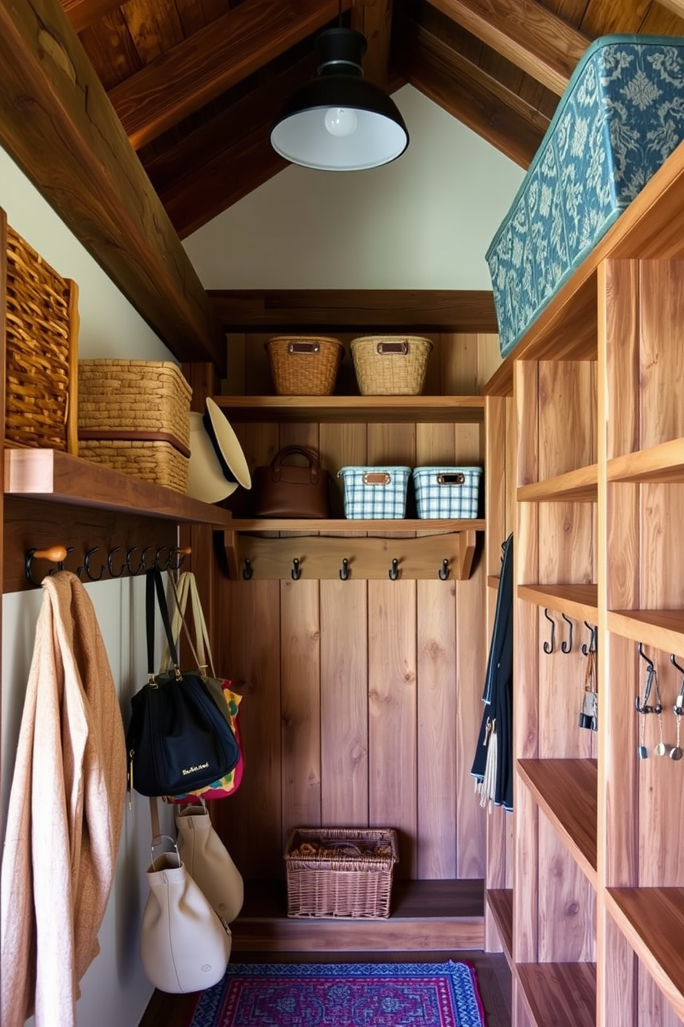 A rustic walk-in closet featuring wooden beams and reclaimed wood shelving. The space is adorned with vintage hooks for bags and hats, creating a charming and functional storage solution.