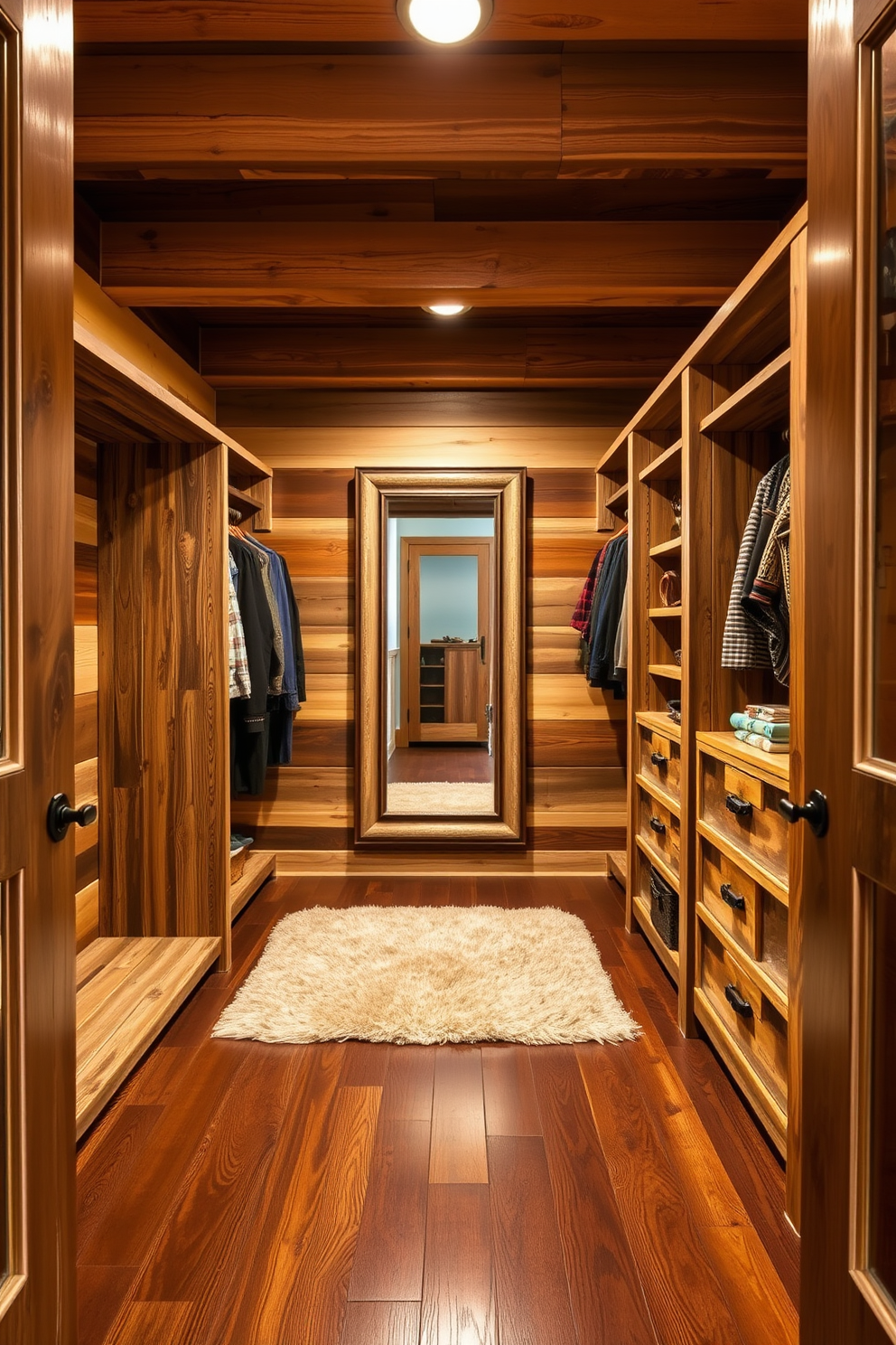 A rustic walk-in closet features wooden beams and warm earthy tones that create a cozy atmosphere. The walls are adorned with reclaimed wood panels, and the flooring is a rich, dark hardwood that complements the overall design. Shelving units made of distressed wood provide ample storage for clothing and accessories, while a plush area rug adds comfort underfoot. A large mirror with a vintage frame reflects the beauty of the space, enhancing its rustic charm.