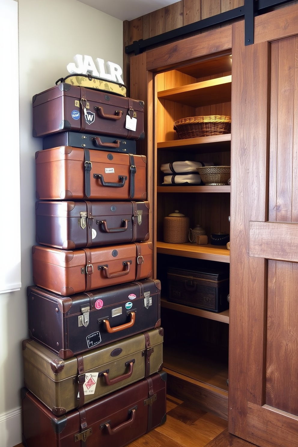 Vintage suitcases stacked creatively in a corner serve as both functional storage and a charming decorative element. The suitcases are adorned with travel stickers and leather straps, adding a nostalgic touch to the room. The rustic walk-in closet features reclaimed wood shelving and a vintage sliding barn door for a cozy yet stylish feel. Soft lighting highlights the natural textures of the wood and creates an inviting atmosphere for organizing clothing and accessories.